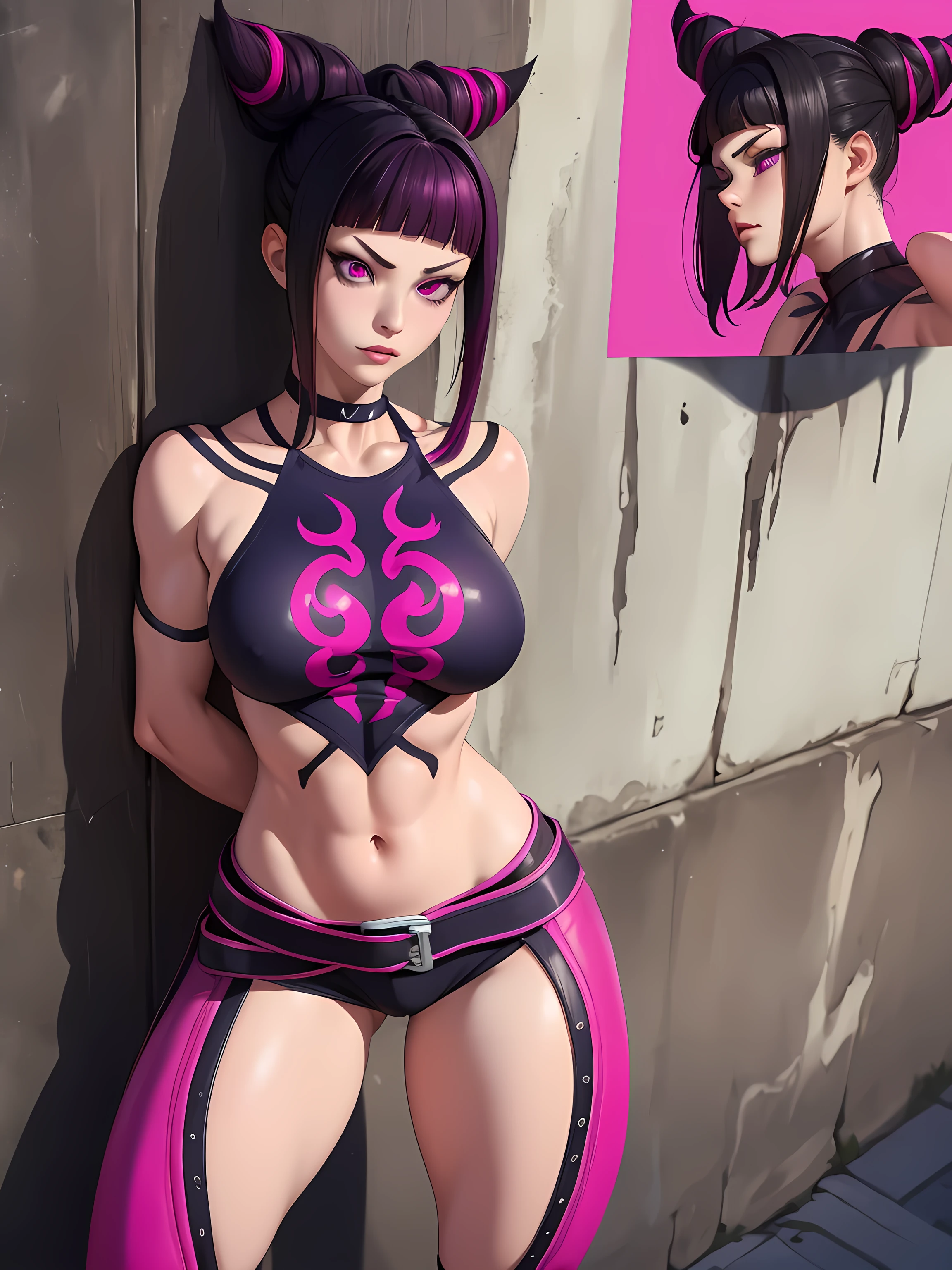 { - anatomy error} (Masterpiece - Ultra-detailed, very high resolution)Juri Han,Masterpiece, Best Quality, 1girl, report, crop-top, jean shorts, Choker, (graffiti:1.aint splatter, (Hands Behind Your Back), Against a wall, looking a viewer, A bracelet, thigh strap, Paint on the body, tilt of head, bored, fiery hair color, magenta eyes, juri han ,rosto yandere,brava, ((100% naked))
