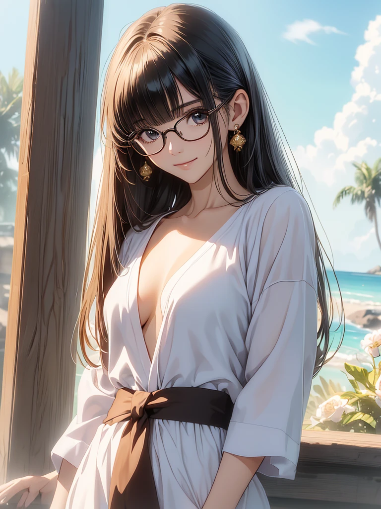 (( best quality)), ((masterpiece)), ( Details),  perfect face,((One woman)),Older Woman, adult woman,Woman in her 30s,(非常に Detailsな皮膚),beautiful胸,Pale skin,Pointed Chest,Small waist,Glasses,( fantasy art,Highest quality,Surreal Portraits,(8k), super real,最high quality, high quality,  High Resolution , high quality texture,高 Details,beautiful, Details, DetailsなCG, Detailsテクスチャー,Realistic facial expression,Presence,dynamic),(Ultra Fine Hair),(Super soft hair),(Super straight hair:1.5), Long Flowing Bangs , very light coppery amber hair, hair above one eye,(Loungewear, Rough Outfit ),Beautiful smile,