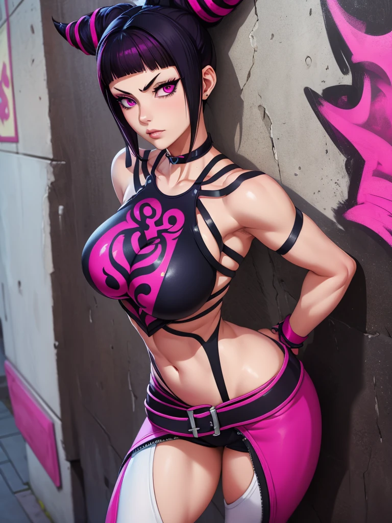 { - anatomy error} (Masterpiece - Ultra-detailed, very high resolution)Juri Han,Masterpiece, Best Quality, 1girl, report, crop-top, jean shorts, Choker, (graffiti:1.aint splatter, (Hands Behind Your Back), Against a wall, looking a viewer, A bracelet, thigh strap, Paint on the body, tilt of head, bored, fiery hair color, magenta eyes, juri han ,rosto yandere,brava, super sexy clothes
