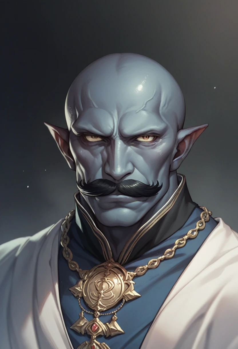 A good looking rakshasa of Indian mythology dark blue skin pointy ear bald head black moustache shirtless muscular body dark background