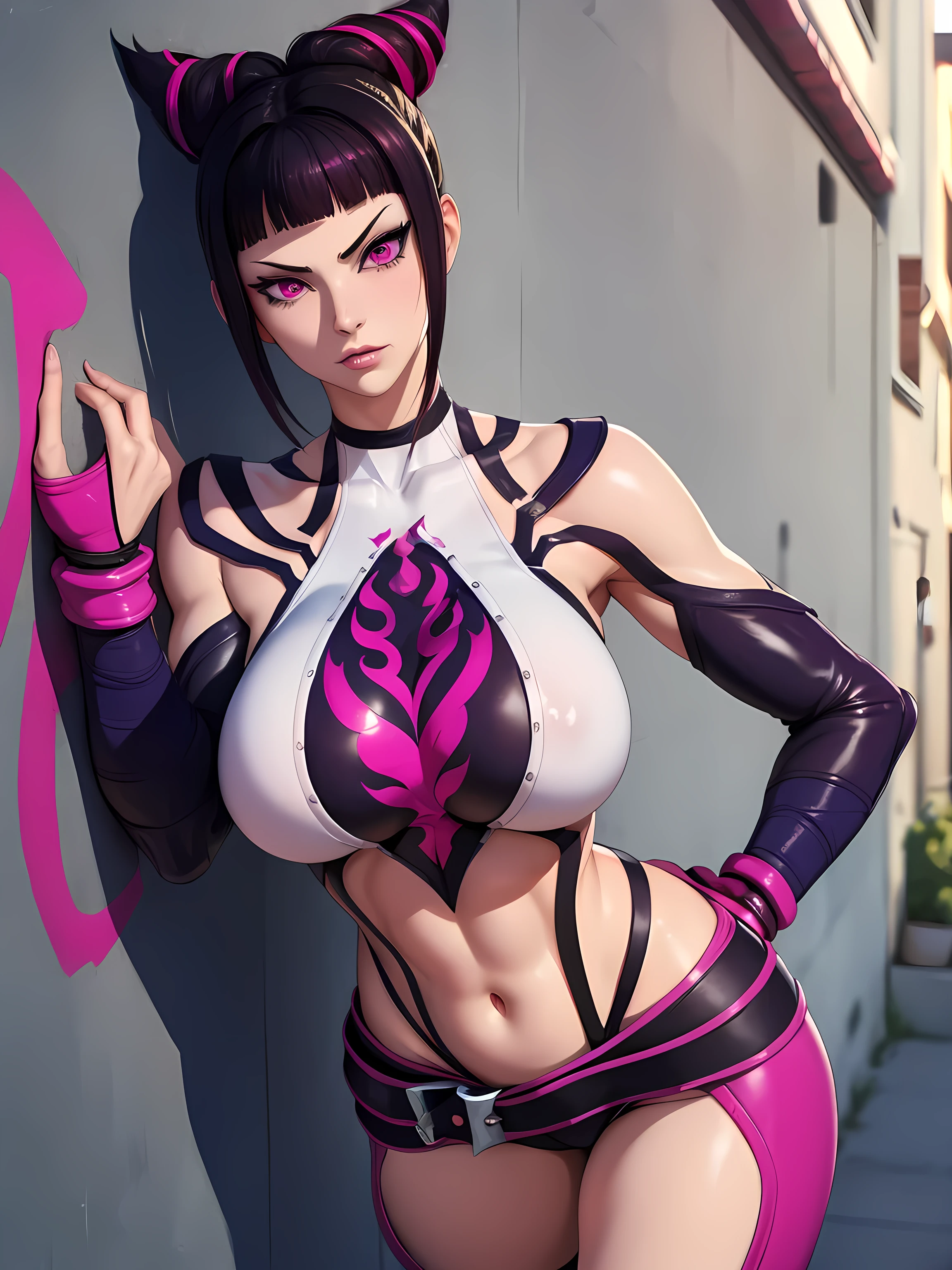 { - anatomy error} (Masterpiece - Ultra-detailed, very high resolution)Juri Han,Masterpiece, Best Quality, 1girl, report, crop-top, jean shorts, Choker, (graffiti:1.aint splatter, (Hands Behind Your Back), Against a wall, looking a viewer, A bracelet, thigh strap, Paint on the body, tilt of head, bored, fiery hair color, magenta eyes, juri han ,rosto yandere,brava, super sexy clothes
