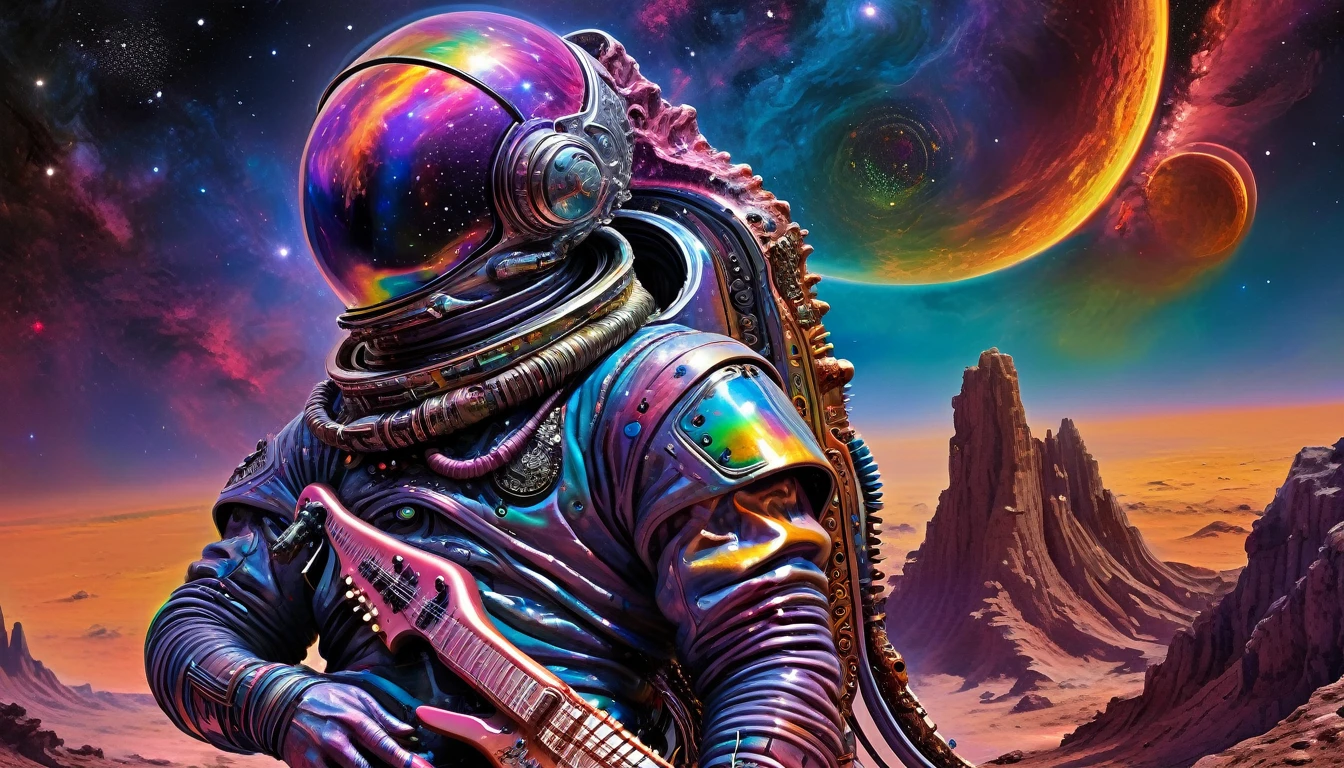 A cosmic barbarian astronaut warrior with a eletric guitar stands in profile, gazing out at the distant horizon, his rugged features a testament to his unforgiving environment. Psychedelic colors burst forth from his body, as if infused with the essence of the cosmos. Behind him, a kaleidoscope of planets stretches across the starry expanse, a testament to the infinite mysteries of the universe. His tribal markings seem to pulse with an otherworldly energy, as if the very fabric of reality has been woven into his being. The astronaut's rugged, battle-hardened physique is a stark contrast to the ethereal beauty of the celestial landscape, yet he stands as a symbol of resilience and strength in the face of the unknown.