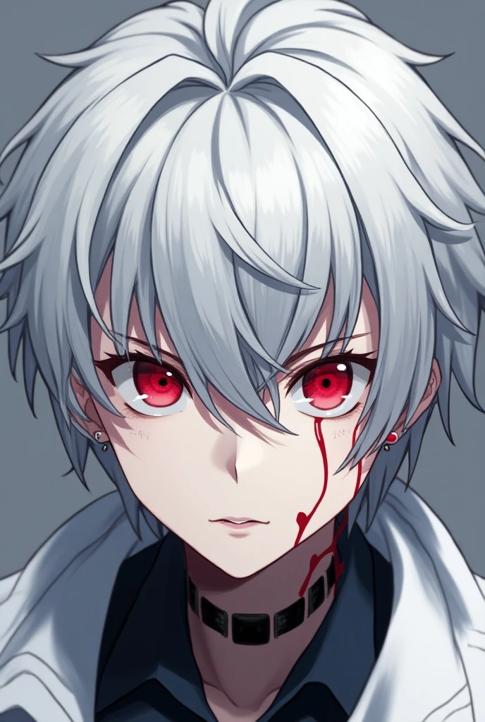 1 children, boy, red eyes, glowing eyes, white hair, dark aura, short hair