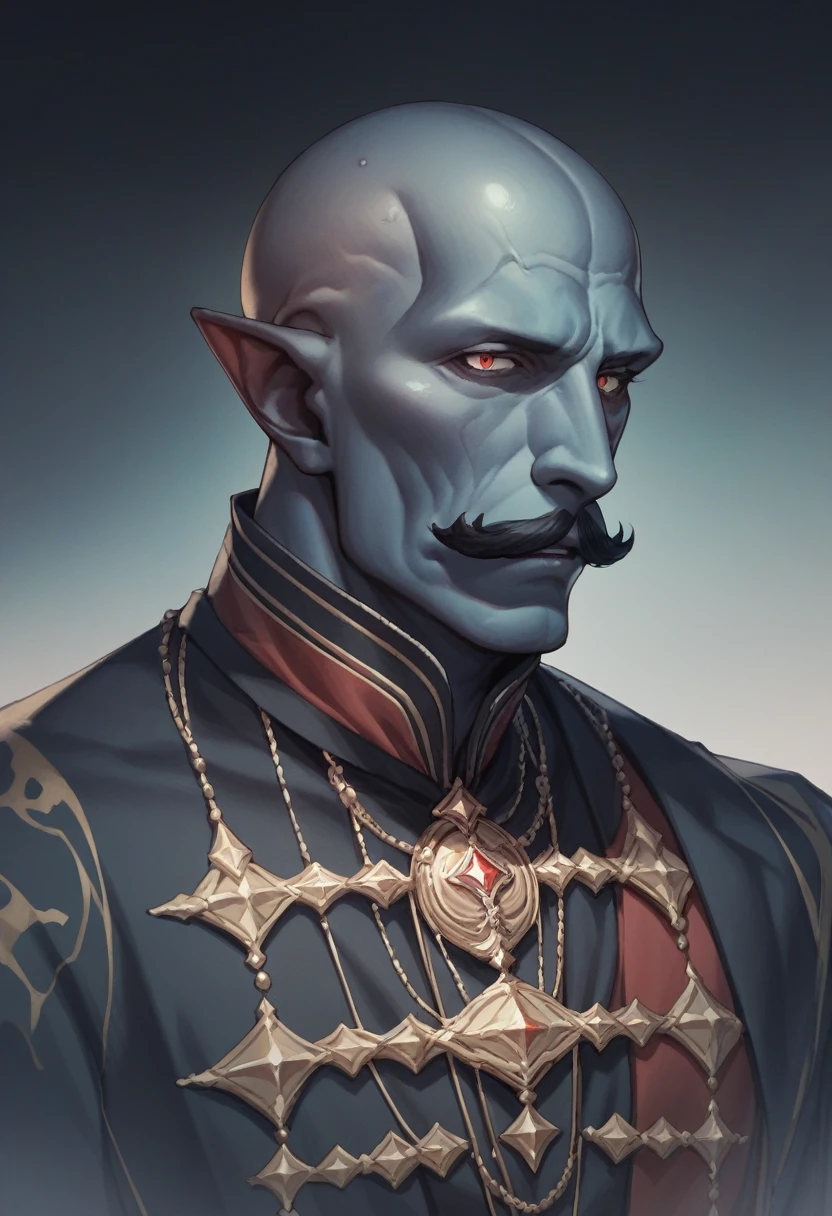 A good looking rakshasa of Indian mythology dark blue skin pointy ear bald head black moustache shirtless muscular body wearing red dhoti upper body short dark background