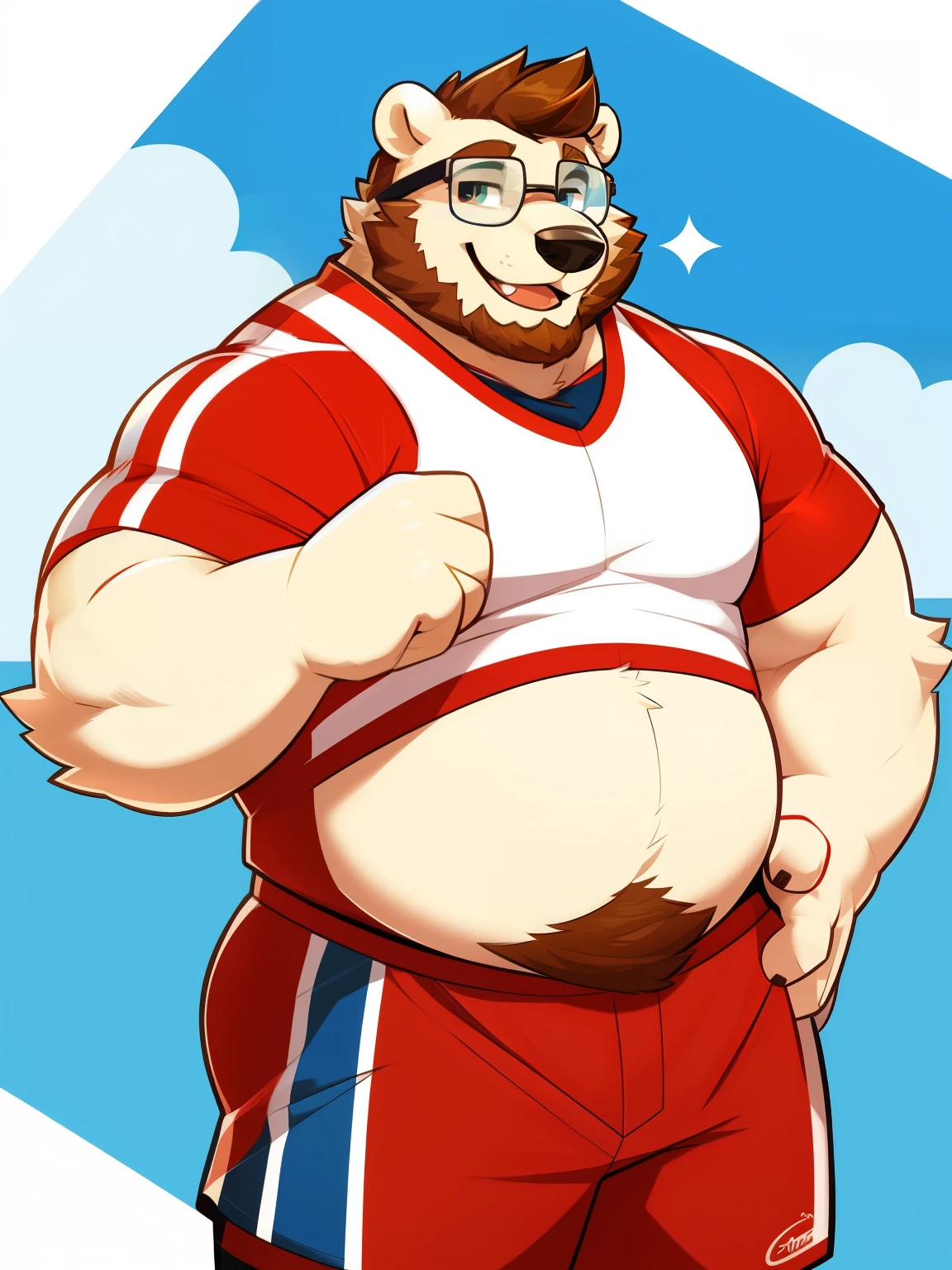By Greenendorf, polar bear, brown dutch beard, square glasses, brown hair, gym clothes, detailed bulge, big belly, happy, detailed eyes, 