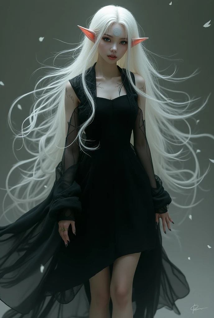 A woman with long white hair