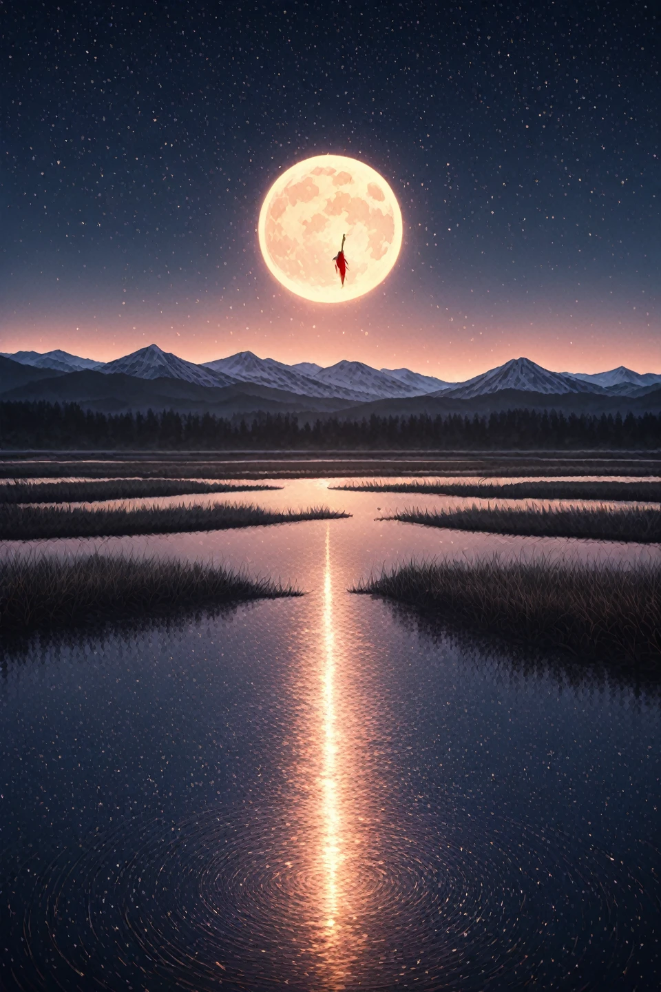 Very starry night. A huge moon behind the mountain. A tranquil lake reflects the night. The sunset is accompanied by flying cranes. Realistic scenes, detail, photorealism, 8K