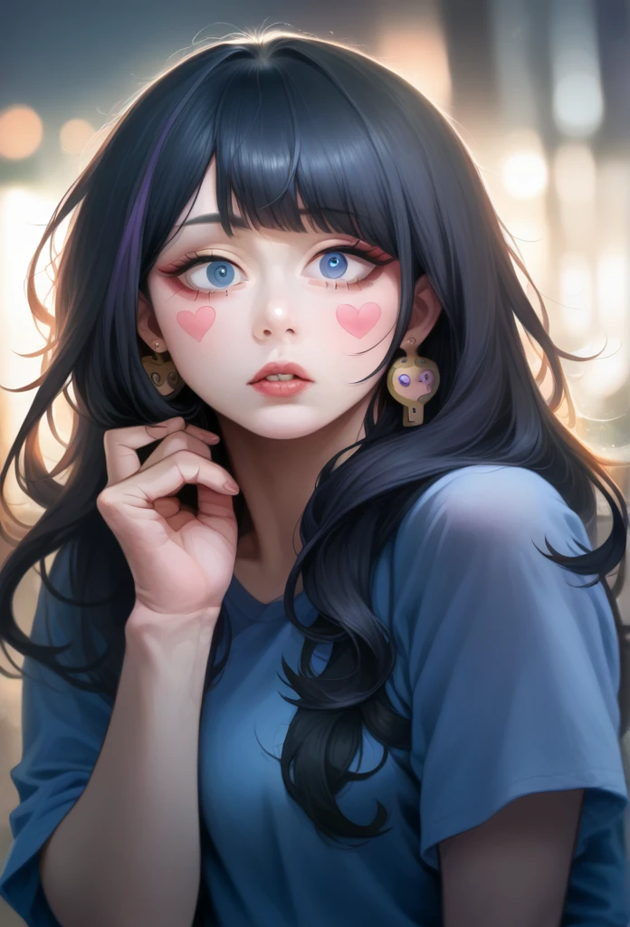 beautiful woman with long dark hair, smooth and slightly wavy hair, wearing edgPastelGoth,streaked hair, gold pointed earrings, large expressive light blue eyes, fair skin, slightly rosy cheeks, slightly parted lips, curious expression, relaxed posture, slender figure, oval face, 1 girl, high resolution, accurate anatomy, artwork, precise, details, fine details, textured skin, dramatic lighting, cinematic composition, vibrant colors, depth of field, photorealistic, My Hero Academia, anime girl, oc, big boobs.