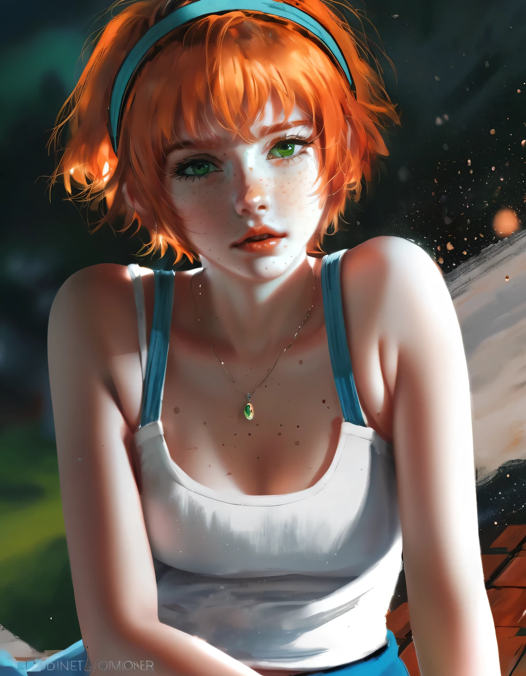 (Dark Studio) young girl Isabelmoner-SMF Dora ), (((view down))) (low camera view). ( hyperrealistic ), Very short orange hair,  green eyes , freckles, Cute white tank top, Mini-skirt, sports, Sweaty, medium breasts, aesthetics, (( oil painting )), (tile :0.2), (ultramarine:0.2), (headband:0.75),(turquoise:0.2),(orange:0.2), (Jeremy Mann:0.5), (by John Constable:0.1),(by El Greco:0.5),( rough strokes of acrylic paint:0.75), 8 k