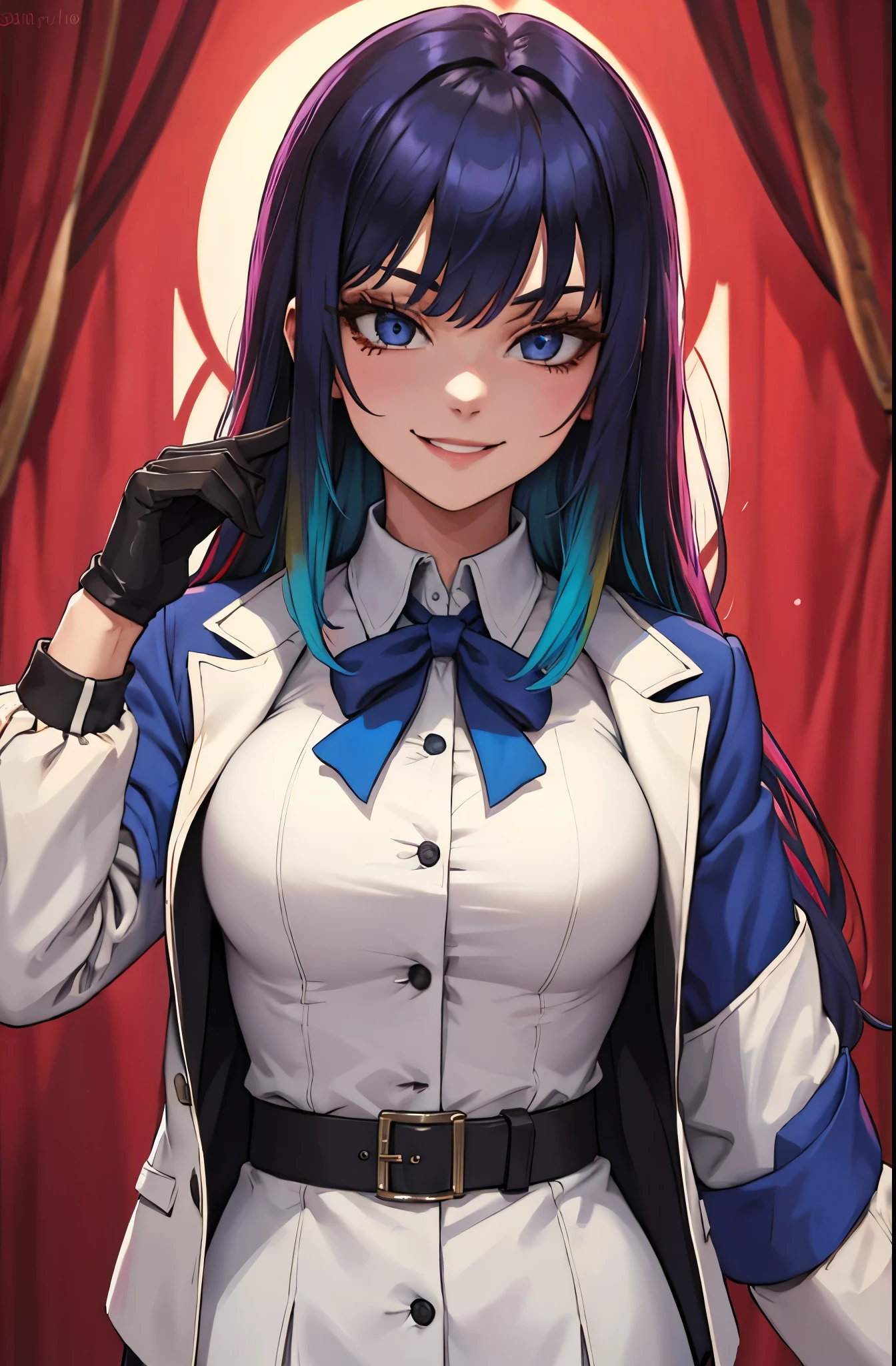 ado, 1girl, multicolored hair, long hair, collared shirt, jacket, bangs, gloves, blue flower, smiling, evil, mature, breasts,
