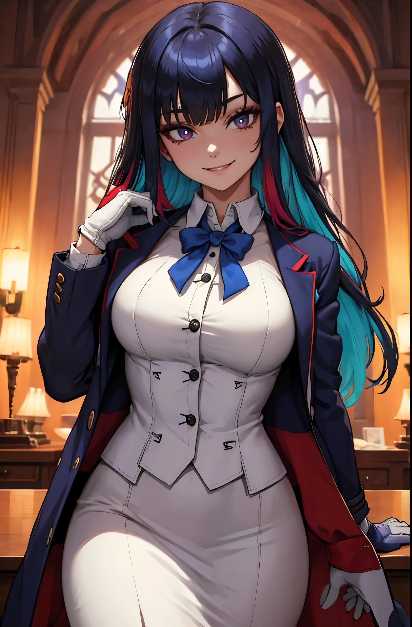 ado, 1girl, multicolored hair, long hair, collared shirt, jacket, bangs, gloves, blue flower, smiling, evil, mature, breasts,
