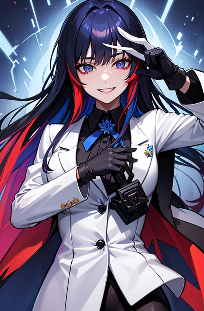 ado, 1girl, multicolored hair, long hair, collared shirt, jacket, bangs, gloves, blue flower, smiling, evil, mature, breasts,
