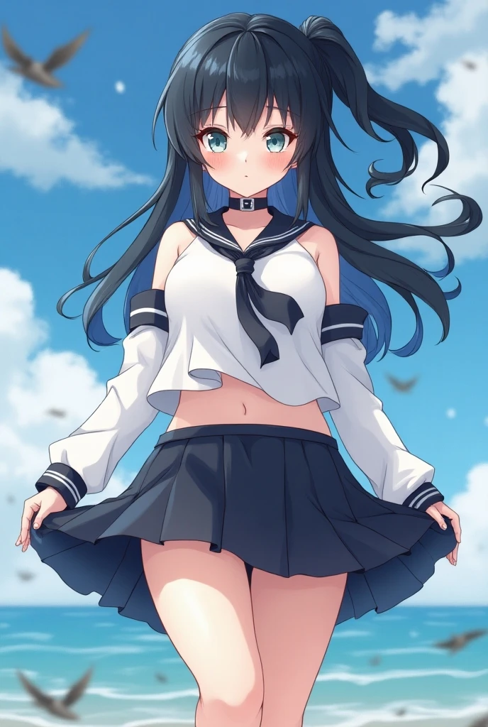 best quality, masterpiece, highres, detailed, perfect anatomy, aoki reika, blue uniform, blue tie, pleated skirt, hair clips, school, smile,lift skirt,show off nipple,open shirts,vagina,dutch angle,from below