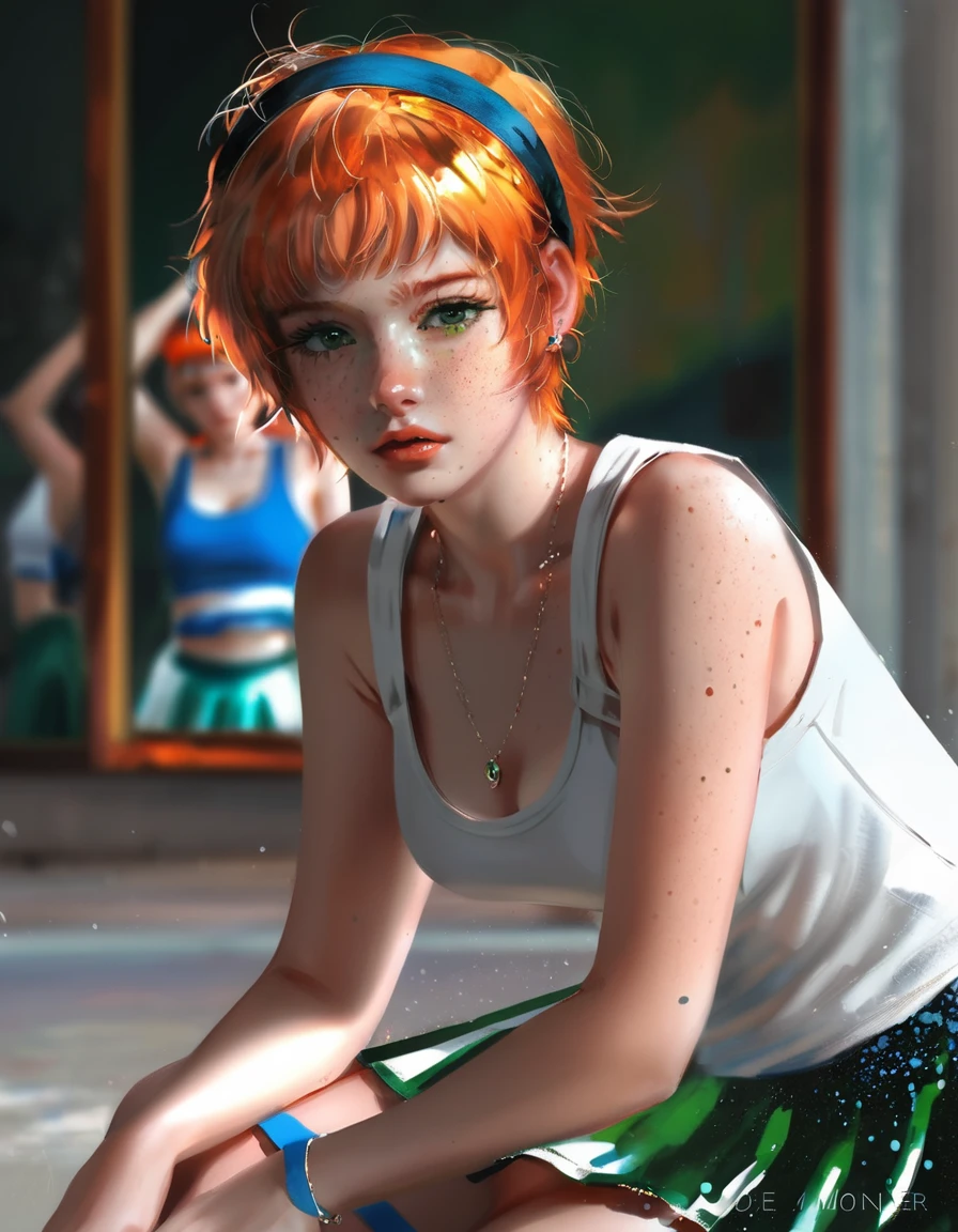 (Dark Studio) young girl Isabelmoner-SMF Dora ), (((view down))) (low camera view). ( hyperrealistic ), Very short orange hair,  green eyes , freckles, Cute white tank top, Mini-skirt, sports, Sweaty, medium breasts, aesthetics, (( oil painting )), (tile :0.2), (ultramarine:0.2), (cadmium:0.2), (headband:0.75),(turquoise:0.2),(orange:0.2), (Jeremy Mann:0.5), (by John Constable:0.1),(by El Greco:0.5),( rough strokes of acrylic paint:0.75), 8 k