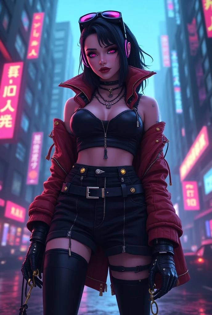 a woman in a black and red outfit standing on a city street, female cyberpunk anime girl, cyberpunk anime girl, anime cyberpunk art, cyberpunk anime girl in hoodie, badass anime 8 k, cyberpunk anime art, digital cyberpunk anime art, gothic city streets behind her, digital cyberpunk - anime art, cyberpunk femme fatale, by Yang J, gothic - cyberpunk