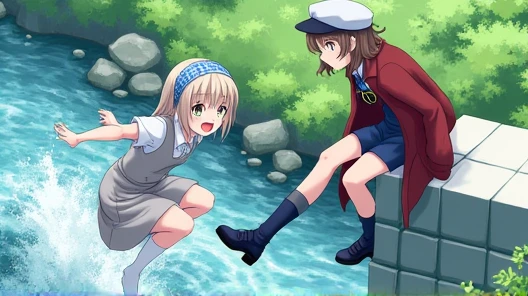 cute、daily、Group photo、Sailor suit、mini skirt、beret、(from below) 、bright、on the cobblestone