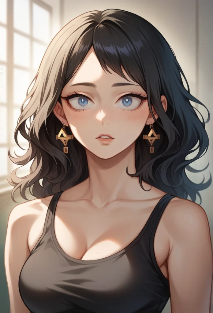 beautiful woman with long dark hair, smooth and slightly wavy hair, Black crop top,streaked hair, gold pointed earrings, large expressive light blue eyes, fair skin, slightly rosy cheeks, slightly parted lips, curious expression, sexy posture, slender figure, oval face, 1 girl, high resolution, accurate anatomy, artwork, precise, details, fine details, textured skin, dramatic lighting, cinematic composition, vibrant colors, depth of field, photorealistic, My Hero Academia, anime girl, oc, big boobs.