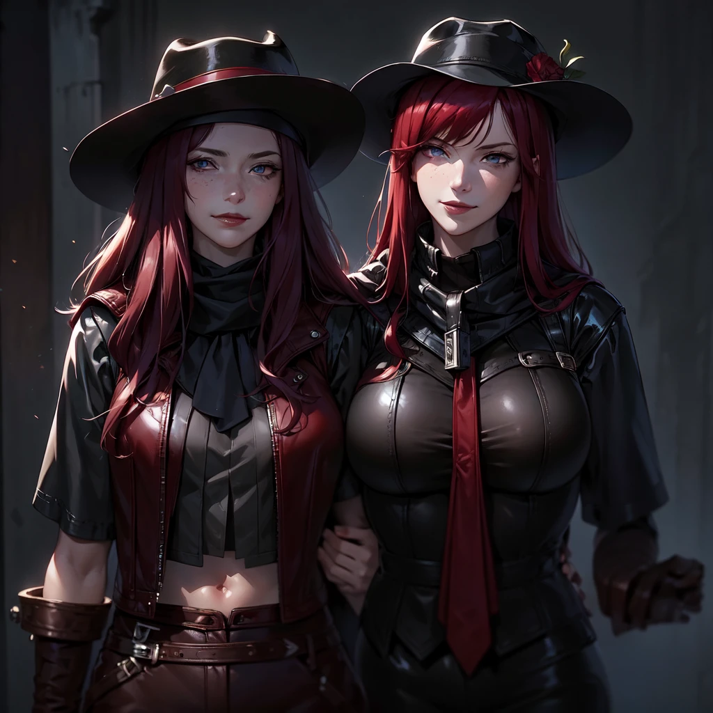 (masterpiece, best quality), 1girl, headshot, long straight cherry-red hair, slightly pale complexion, blue eyes, freckles, plump glossy lips, grecian slim nose, smirk, wearing a black scarf, dark cowboy hat, dark burgundy red leather vest, looking at the viewer, smirking, shadows, dramatic lighting, DevilMayCry5 style, PS5 artstyle