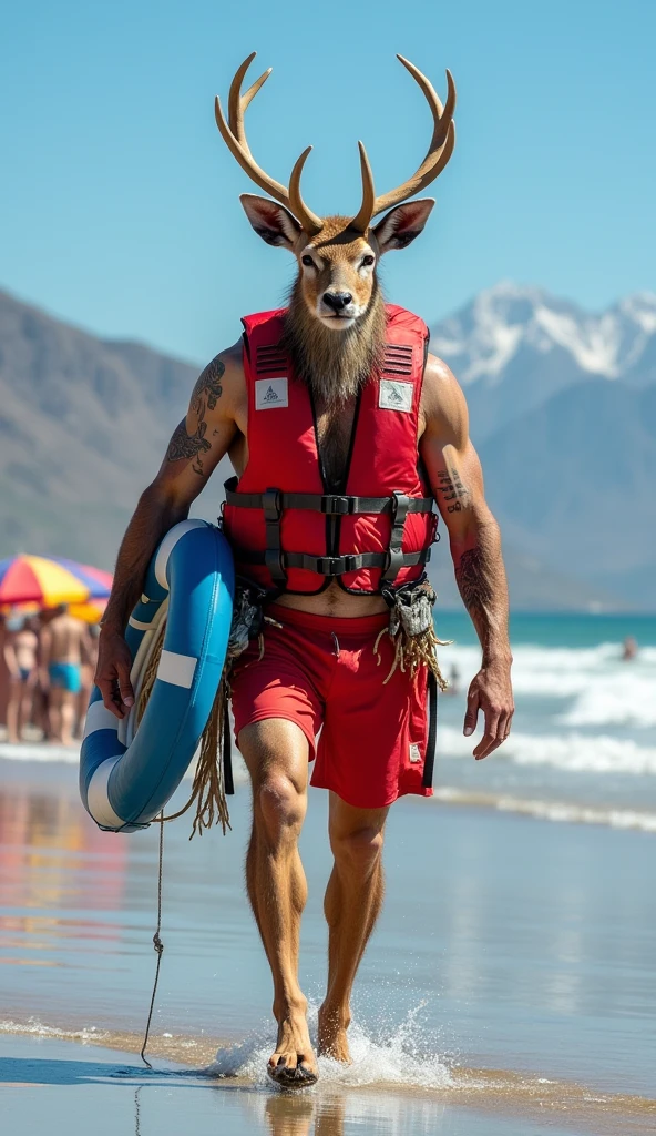 male furry white lynx with pin spiked penis, full body, standing on a deserted beach