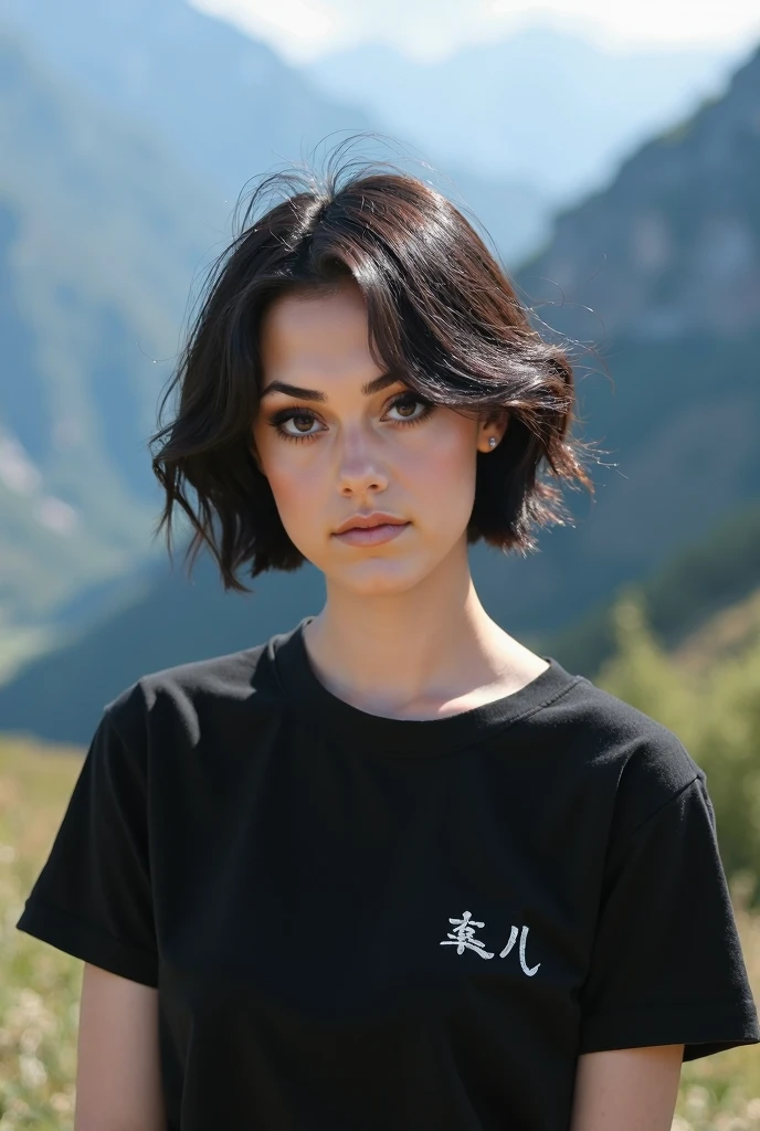 Cute girl gothic makeup eyeliner voluminous lips upturned nose short black hair with bangs high resolution perfect detailed green mountainous landscape photography cgi 