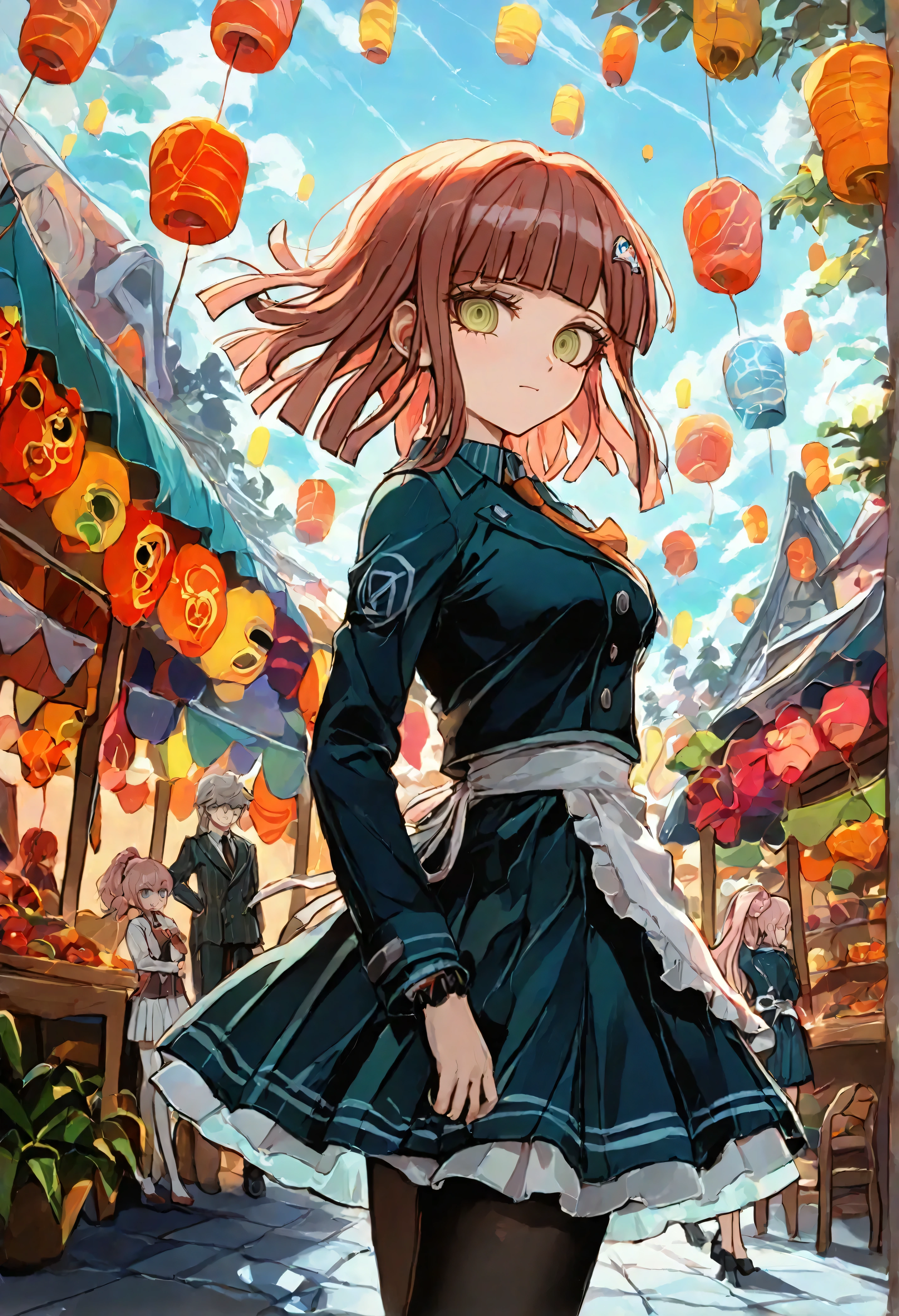 score_9,score_8_up,score_7_up, source_anime, masterpiece, best quality, very aesthetic, absurdres, newest, newest anime,  anime art style, detailed background, Chisa Yukizome wearing her uniform from Danganronpa 3 Despair arc. Chisa Yukizome has green eyes and orangish brown hair in a ponytail with a pink scrunchie. Chisa wears a white ruffled apron over a matching set of light blue suit and skirt, button-down white dress shirt, long black pantyhose, and black mid-heel shoes. Floating market at dawn, cinematicfantasy, dreaming, whimsical, fantastic, maximalist style, psychedelic, post-apocalyptic, harmony, serenity, tranquility, halation