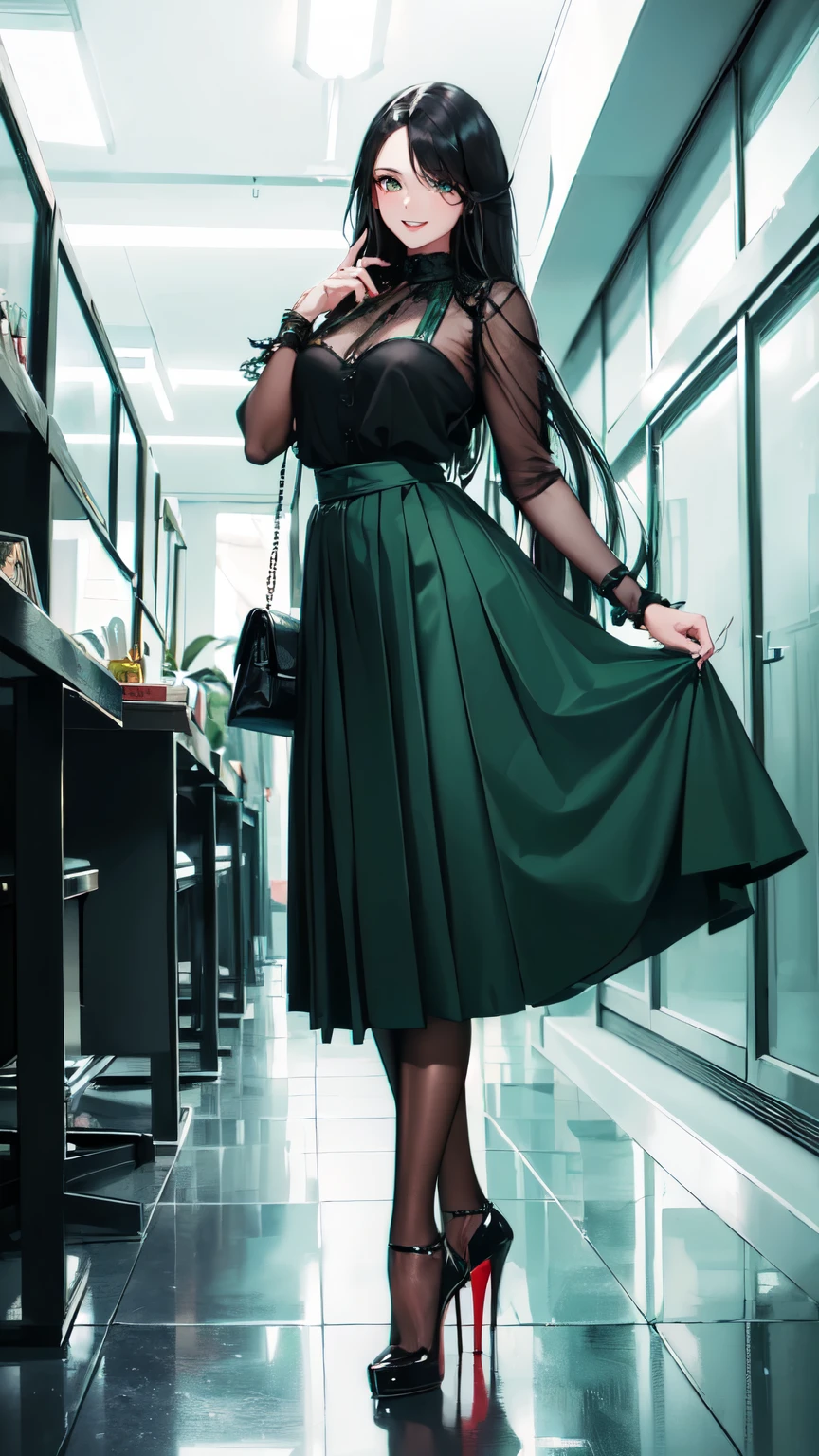 ((masterpiece, high resolution, better quality, better details)), ((Smiling)), ((one girl)) a girl standing, full body, maxi green skirt, blouse,((louboutin high heels)), green eyes , ((black hair, long hair)), shiny skin, solo, full body, from behind, focus full body, high heels, in office, working secretary