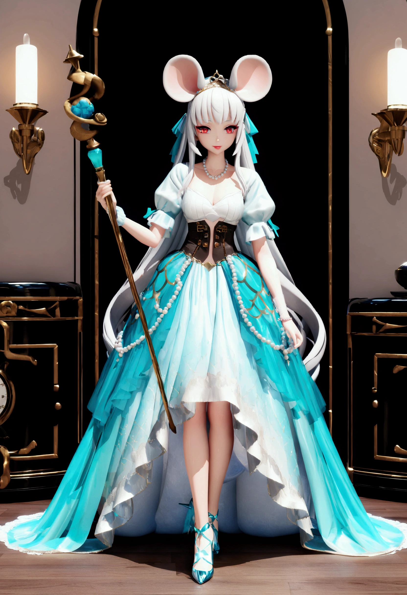 (best quality,4k,8k,highres,masterpiece:1.2), ultra-detailed, Pretty albino girl has a princess of the sea, 3D anime style, MMD, steampunk, wearing a iridescent turquoise princess gown with puffy sleeves, steampunk, gorgeous frilly dress design,flowing gown, elaborate lace details,rich textures,contrast stitching,delicate ribbon bows, seashells embroidery, full skirt with ocean wave pattern,short sleeves,fitted waistline,translucent flowing layered sleeves,lace-up back,luxurious fabrics,flawless silhouette, very long curly white hair adorned with hair ribbon, red eyes, white fur, smiling, mouse ears and tail, ribboned high heels, white elbow evening gloves, pearl bracelets, tiara made of seashells, beautifully detailed lips with lipstick, long eyelashes, eyeshadow, seashell necklace, in a castle bedroom with intricate decoration and luxurious furniture, flower wallpaper, she is holding a magic staff made of seashells and pearls.