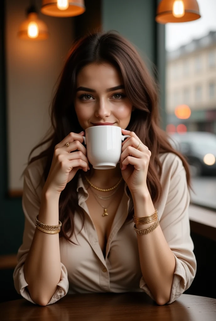 This is a high-resolution photograph of a young woman named maia in her mid-20s, sitting at a cozy café table. She has long, wavy brown hair that cascades over her shoulders and is styled in loose, natural waves. Her skin is fair with a slight tan, and she has well-groomed eyebrows and full, defined lips. She is wearing a light beige, button-down blouse with long sleeves, which adds a casual yet elegant touch to her outfit. Around her neck, she has multiple gold necklaces, and on her wrists, she sports a variety of gold bracelets, including one with a charm and another with a delicate chain. She is holding a white ceramic coffee mug close to her face with both hands, sipping from it with a seductive expression on her face. The background features a warm, inviting ambiance with soft, golden light from hanging pendant lamps, creating a cozy and intimate atmosphere. The blurred out-of-focus elements suggest a busy street outside, with the glow of streetlights and traffic lights visible through the window. The overall mood of the photograph is relaxed and serene, capturing a moment of quiet enjoyment in a bustling urban setting.