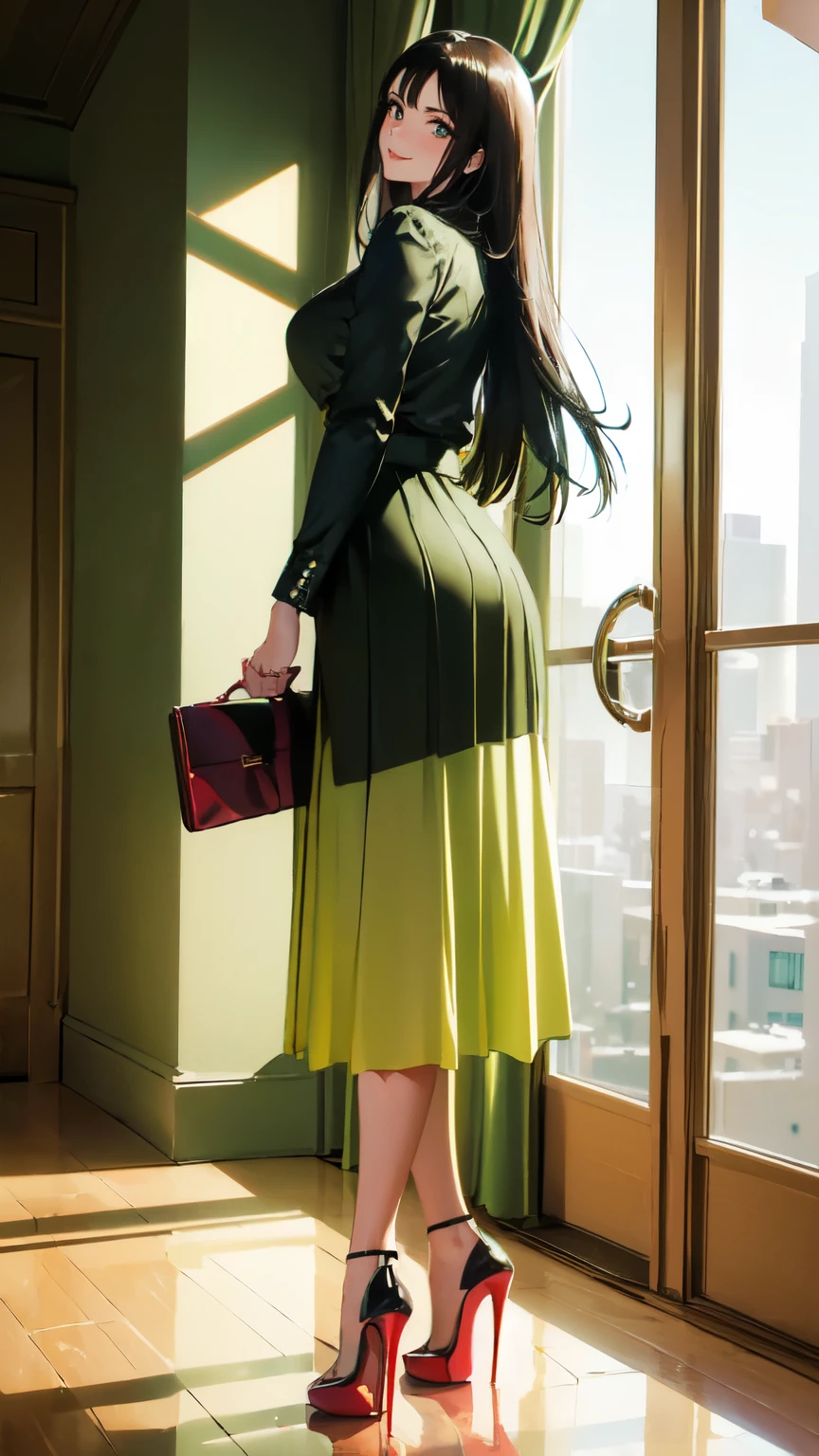 ((masterpiece, high resolution, better quality, better details)), ((Smiling)), ((one girl)) a girl standing, full body, maxi green skirt, blouse,((louboutin high heels)), green eyes , ((black hair, long hair)), shiny skin, ((from behind)), solo, full body, focus full body, high heels, in office, working secretary