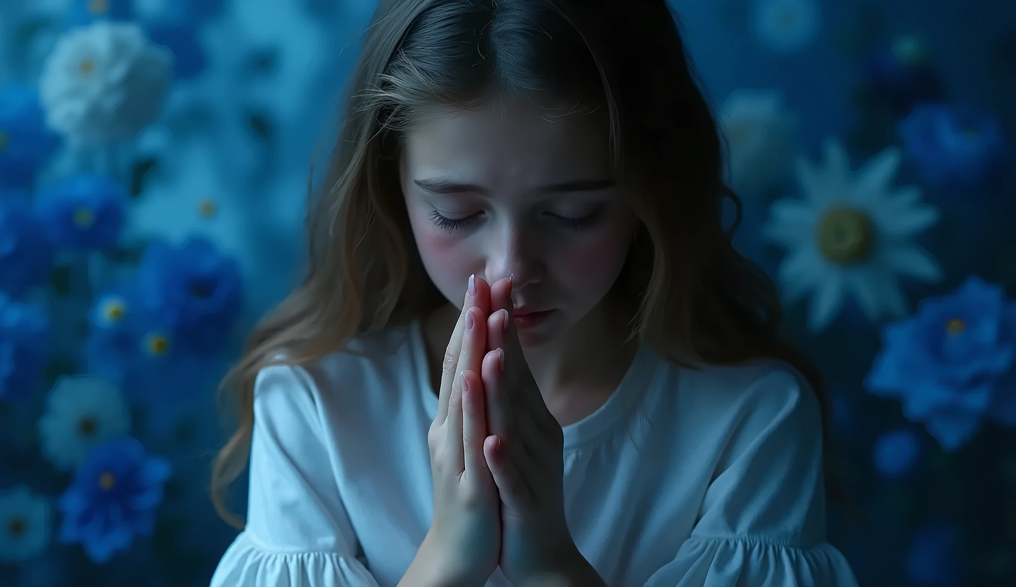 Portrait of a young girl of 18 years beautiful beautiful face perfect it teen, she is happy, very beautiful Russian, praying, in bed, (private study dark, dark and grumpy light: 1.2)