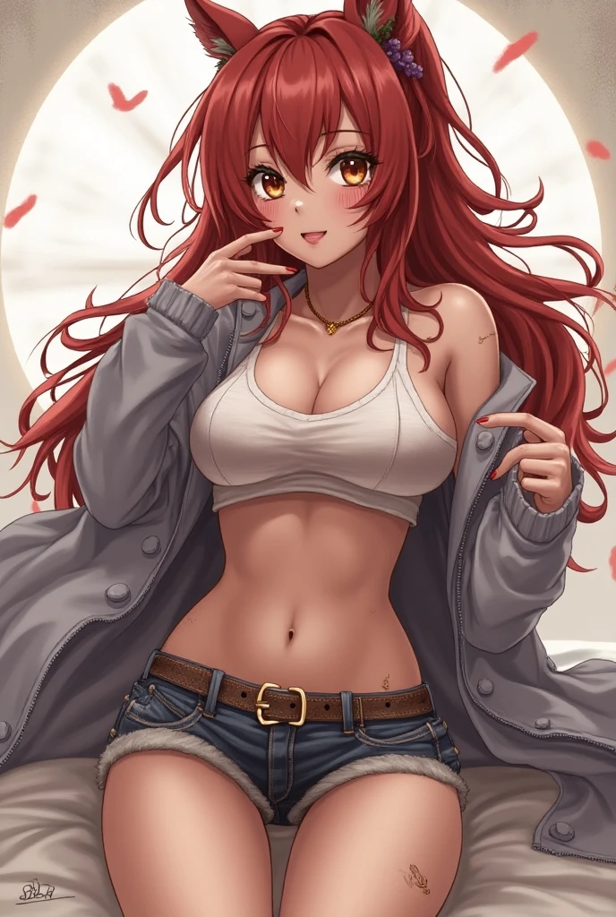 The best masterpiece、high resolution、Wolf Girl, Large Breasts, Voluminous, messy, light red hair, masterpiece , Red eyes, hd, Head to Chest, Put in your chest、 tooth、Double teeth,, On the bed、Thick thighs、Grinning、Knitted sports bra、Open your mouth、Jacket、