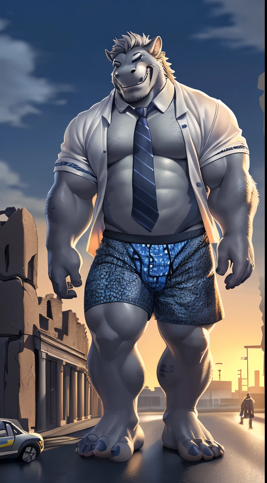 anthro, Male, alter,  thick dragon , (blue scales, grey hair, bart)middle-aged,dim,  detailed eyes ,  detailed clothing , hairy chest, ( patterned long boxer shorts :1.6),(White open shirt :1.5), (loose necktie:1.2),(Pants down:1.3),drunk face,  seductive smile , Grin(full-body portrait,,( Photorealistic , hyperrealistic,  extremely detailed ,  extremely detailed  background, octane render,  soft lighting ,  extremely detailed ),( by rossciaco , by adios ,),  (Massiv:3.0,big muscle:1.1(  heavyweight,stark,Macro,bulge,  Akzentuieren Sie die Enormous Größe , Step on the ruins  )),background((Building, Raise little speech  ,the little sparks,  der Riss in der Straße  )),Frog&#39;s point of view 