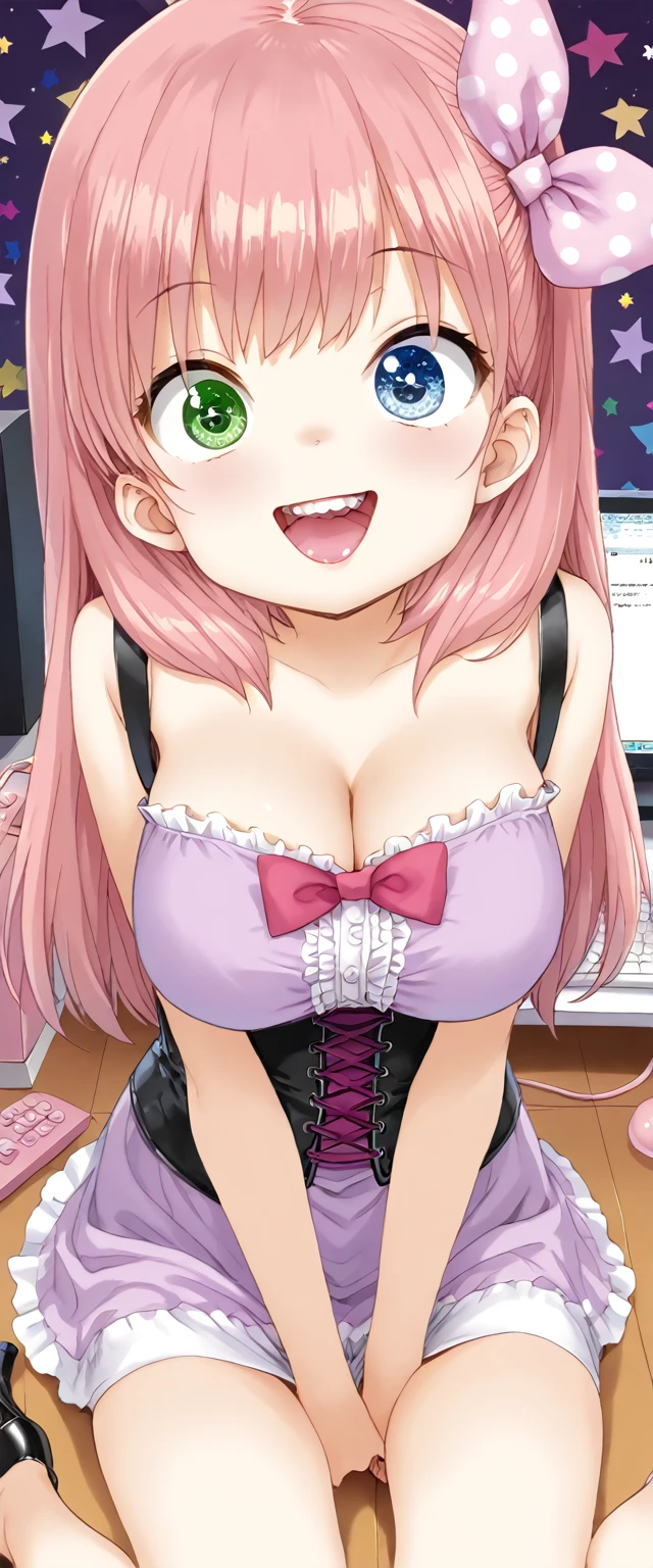 (uncensored:1.3),cleavage,(huge big large enormous boobs),titjob,Tit ank, 1 woman, idol, long hair, pink hair, pink eyes, idol costume, headphones, glasses, hair bow, bedroom,Insert phallus into the girl's ,Titty-fuck,titfuck