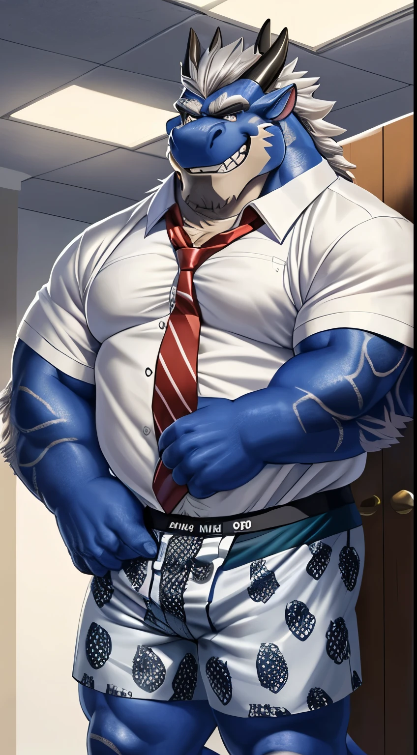 anthro, Male, alter,  thick dragon , (blue scales, grey hair, bart)middle-aged,Office,dim,  detailed eyes ,  detailed clothing , hairy chest, ( patterned long boxer shorts :1.6),(White open shirt :1.5), (loose necktie:1.2),(Pants down:1.3),drunk face,  seductive smile , Grin(full-body portrait,,( Photorealistic , hyperrealistic, extremely detailed, extremely detailed background, octane render,  soft lighting , extremely detailed),( by rossciaco , by adios ,)