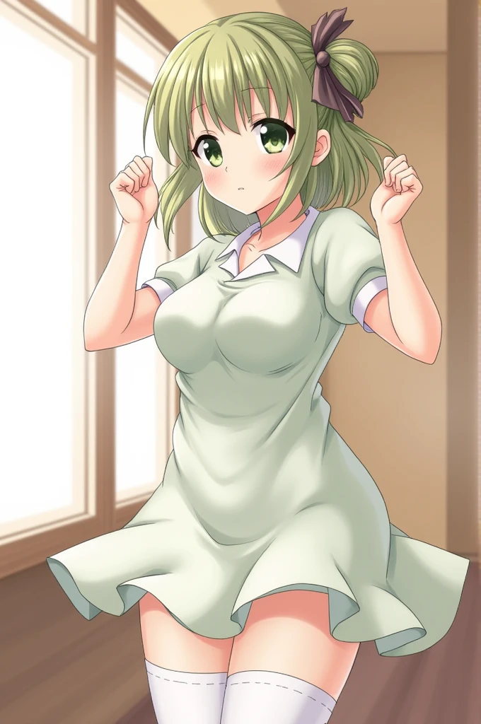1990s,Adult game style,NSFW,Gold and green cheongsam with slits,One Woman, 27 years old, 28 years old, whole body,Full Art,Big Breasts,blush,Troubled expression,Cute Liane, Chignon Cap,Chinese Taste,Brown Hair,Long Hair,Green eyes,Jade hairpin,Skirt flipped up by the wind,penis toy,pussy juice