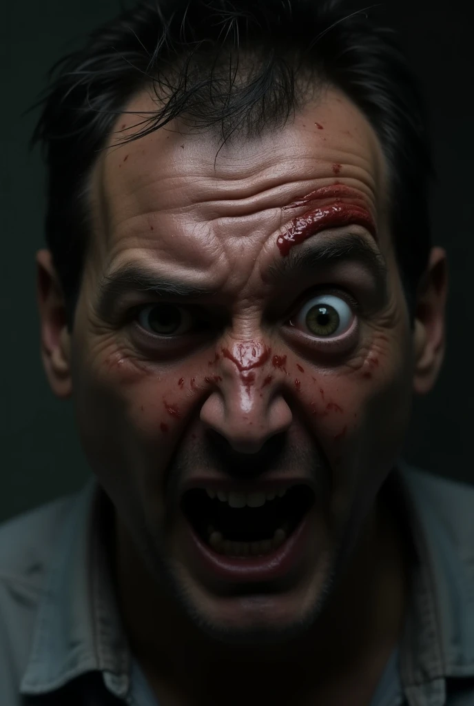 A man with a very big and macabre smile that is scary, unhurriedly looking at the screen