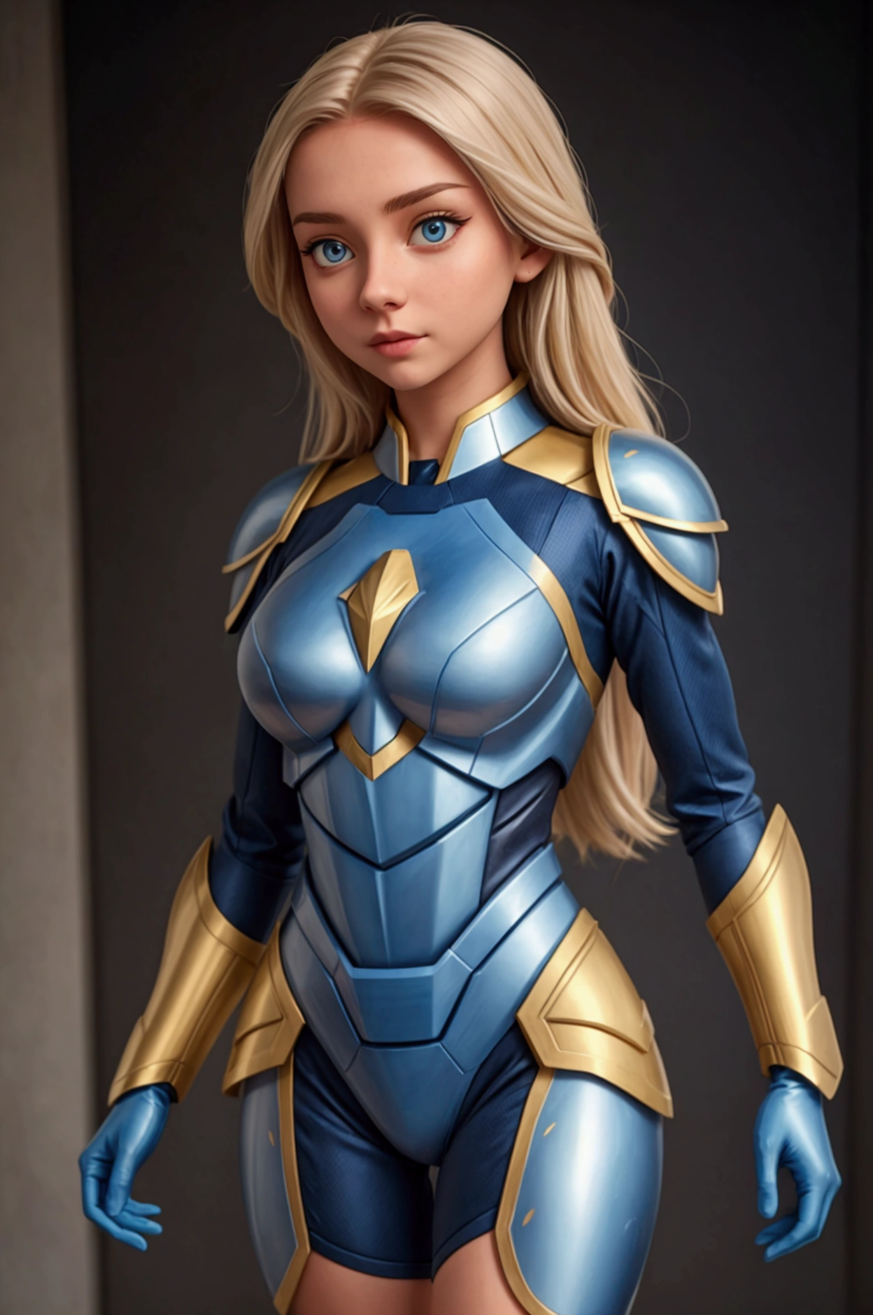 girl,  with a blue and gold hero armor suit, modern and futuristic outfit 