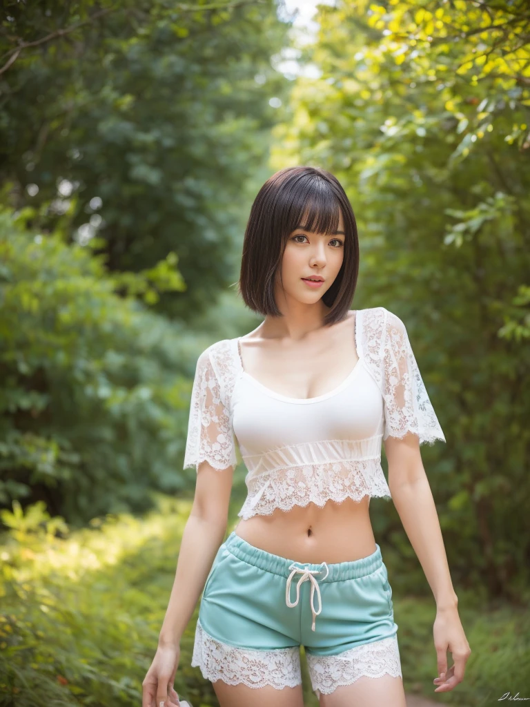 Hannah muito sexy, sensualizando, Provocador, wearing a short white torn blouse without a bra and a shredded short shorts. Cabelo branco grande e cacheado, peitos grandes, ultra detalhado e realista, fotografia profissional, foto de corpo inteiro sem cortes, hd, 8k, uma obra de arte, She's on a dirt road in the middle of a forest.
