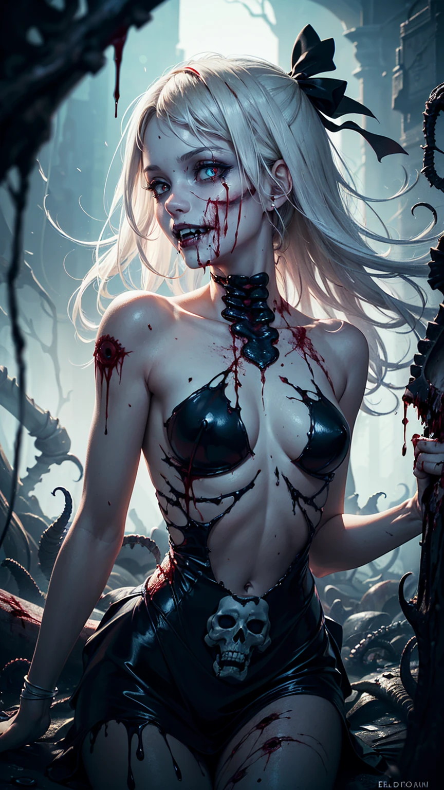 A zombie girl stares into the darkness., beautiful body, cool tits, pale skin