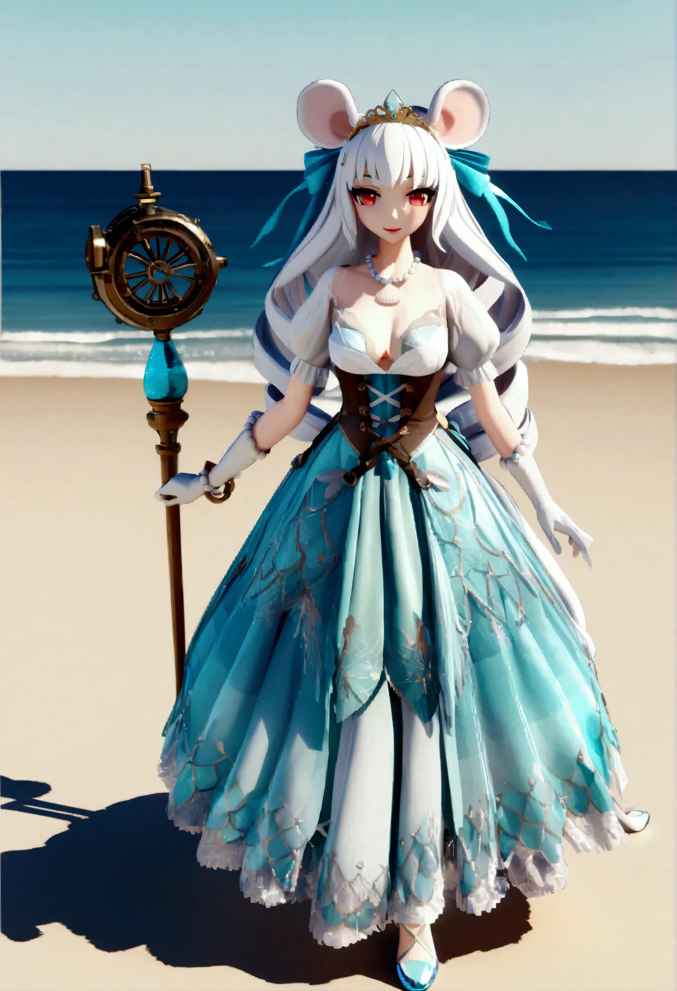 (best quality,4k,8k,highres,masterpiece:1.2), ultra-detailed, Pretty albino girl has a princess of the sea, 3D anime style, MMD, steampunk, wearing a iridescent turquoise princess gown with puffy sleeves, steampunk, gorgeous frilly dress design,flowing gown, elaborate lace details,rich textures,contrast stitching,delicate ribbon bows, seashells embroidery, full skirt with ocean wave pattern,short sleeves,fitted waistline,translucent flowing layered sleeves,lace-up back,luxurious fabrics,flawless silhouette, very long curly white hair adorned with hair ribbon, red eyes, white fur, smiling, mouse ears and tail, ribboned high heels, white elbow evening gloves, pearl bracelets, tiara made of seashells, beautifully detailed lips with lipstick, long eyelashes, eyeshadow, seashell necklace, walking on a beach, she looking at the endless ocean, she is holding a magic staff made of seashells and pearls.