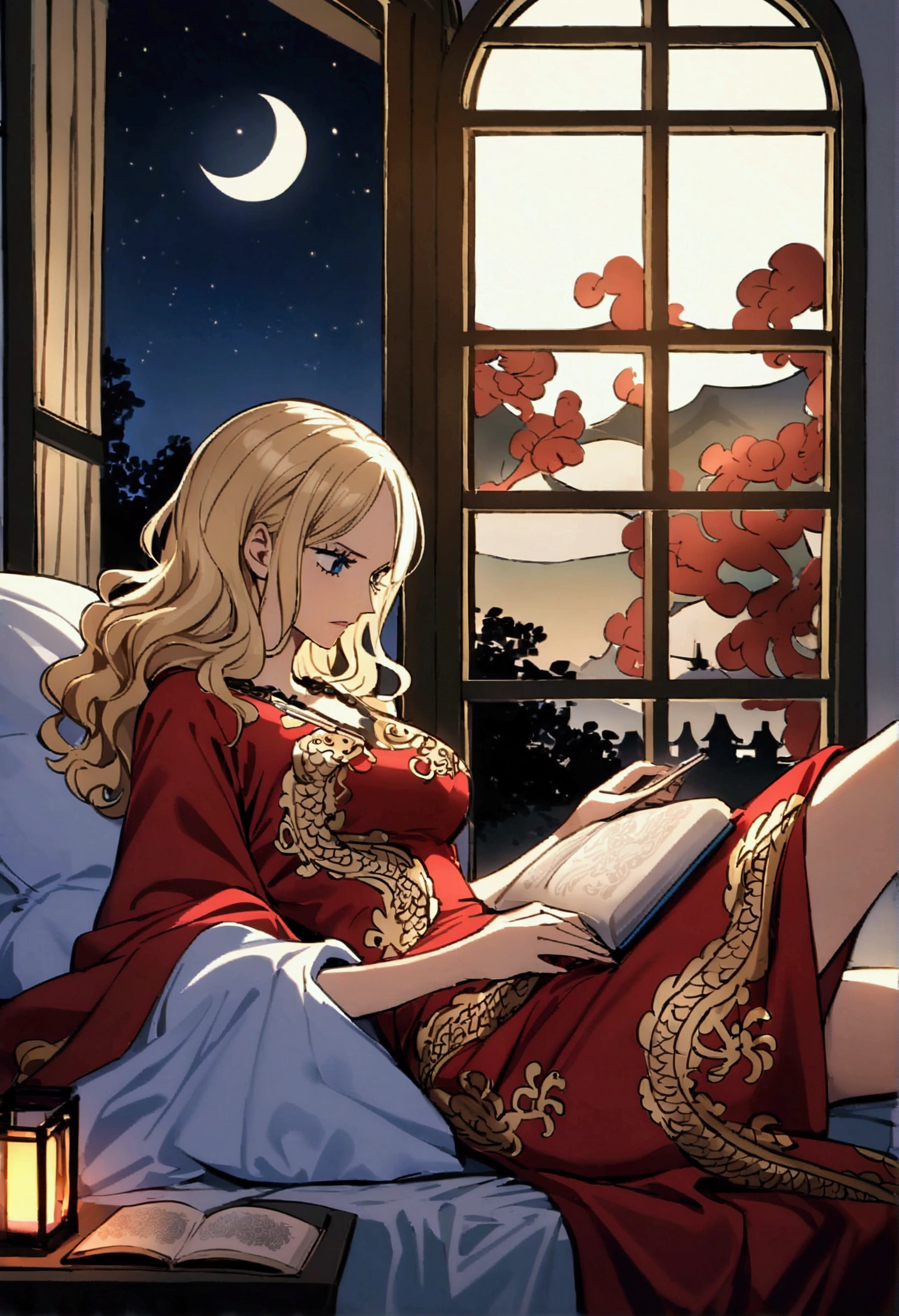 One piece female character,  long, wavy blond hair at the ends , Long FRINGE, blue eyes,   with a white lace sweater and a red silk robe with a Chinese dragon print in black and gold,  lying on a bed while reading a book by candlelight , your legs appear softly ,  in the background a large window with a night landscape with a new moon  