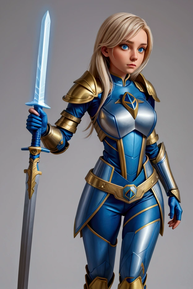 girl, wearing a blue and gold hero armor outfit, modern and futuristic outfit . She's holding a blue sword