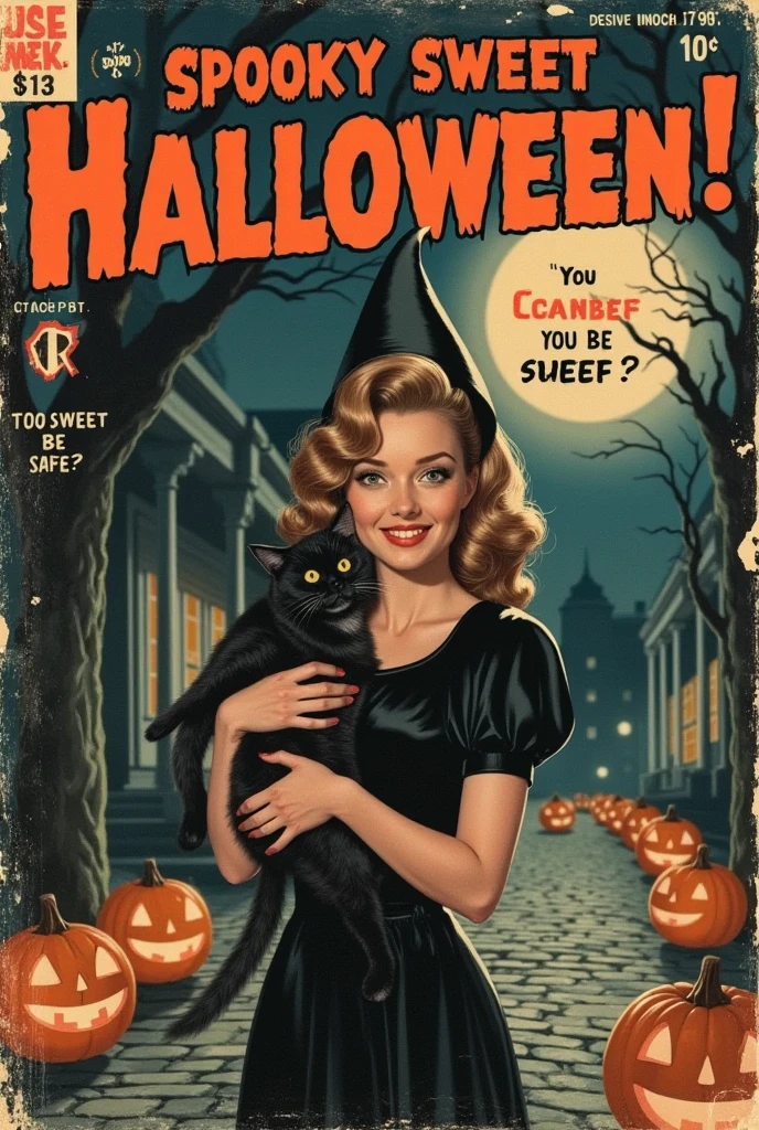 Comic book cover titled "Spooky Sweet Halloween!", featuring a realistic young woman dressed as a witch, with a calm yet unsettling smile. She holds a black cat in her arms, standing in a dark cobblestone street lit by the eerie glow of jack-o'-lanterns. The full moon shines behind her, casting long shadows, while a haunted mansion looms ominously in the background.

The art style mimics the realism of 1940s-50s comic covers, with subtle, muted colors and detailed shading to give the characters and setting a lifelike texture. The worn comic paper texture and slight creases add to the vintage feel. The title "Spooky Sweet Halloween!" is written in bold, classic lettering with a 10¢ price tag and issue #13 stamped on the corner. A small subtitle beneath the title reads: "Too sweet to be safe?", teasing the eerie twist.

The cover gives the feel of a classic horror comic, with a blend of beauty and suspense, and the overall tone remains spooky yet strangely captivating.