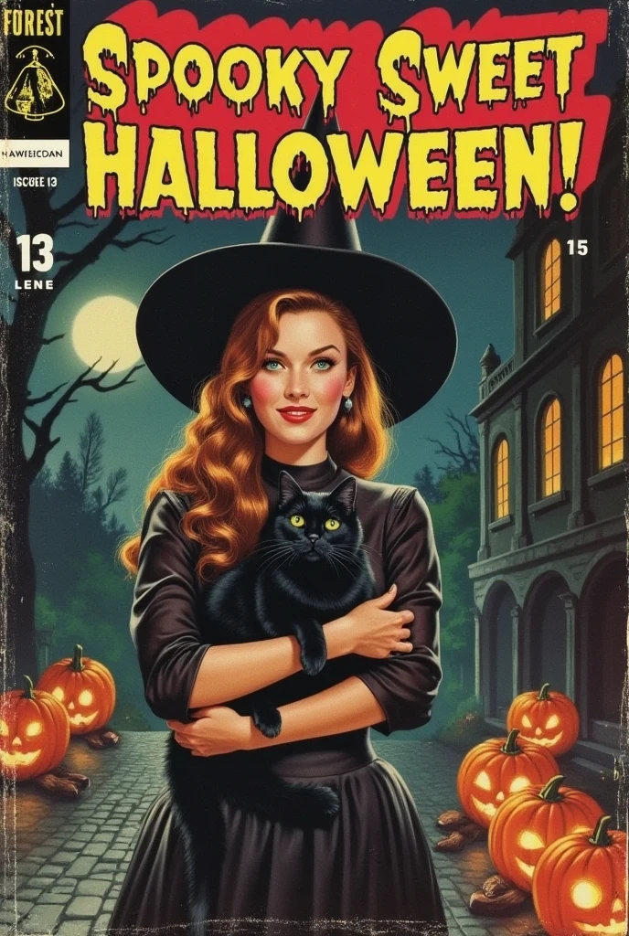 Comic book cover titled "Spooky Sweet Halloween!", featuring a realistic young woman dressed as a witch, with a calm yet unsettling smile. She holds a black cat in her arms, standing in a dark cobblestone street lit by the eerie glow of jack-o'-lanterns. The full moon shines behind her, casting long shadows, while a haunted mansion looms ominously in the background.

The art style mimics the realism of 1940s-50s comic covers, with subtle, muted colors and detailed shading to give the characters and setting a lifelike texture. The worn comic paper texture and slight creases add to the vintage feel. The title "Spooky Sweet Halloween!" is written in bold, classic lettering with a 10¢ price tag and issue #13 stamped on the corner. A small subtitle beneath the title reads: "Too sweet to be safe?", teasing the eerie twist.

The cover gives the feel of a classic horror comic, with a blend of beauty and suspense, and the overall tone remains spooky yet strangely captivating.