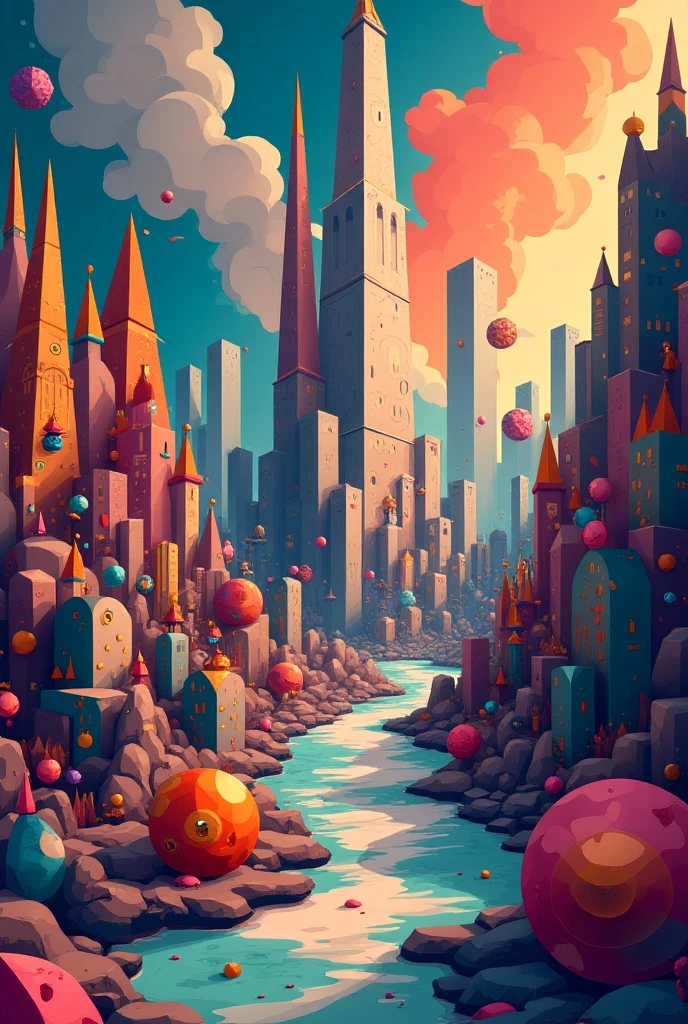 It generates an image of the geometry kingdom, a kingdom where geometric figures live in the form of a cartoon that is being destroyed.
