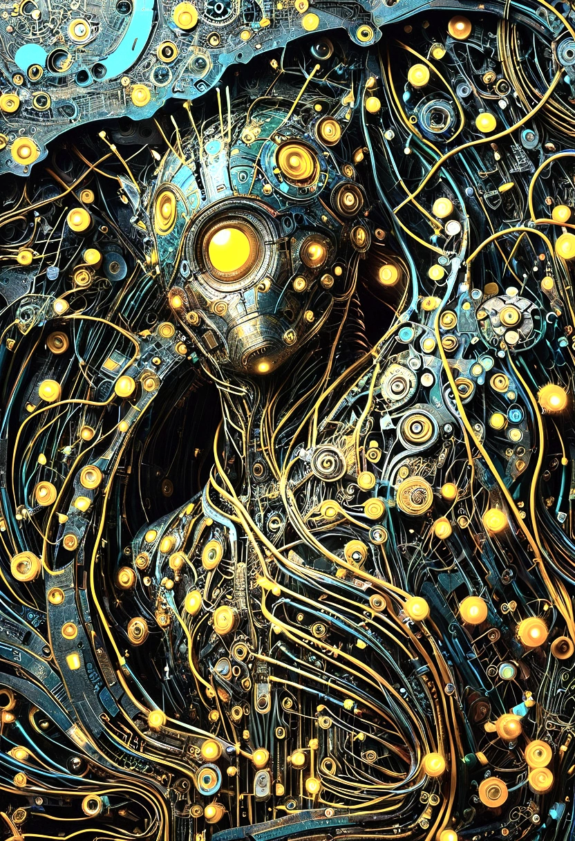 一幅      surrealism 的手绘数字插图展示了一个由无数彩色电线、A     surrealism hand-drawn digital illustration showing a humanoid figure intricately composed of circuit boards and mechanical parts。 The face is very similar to a human ，, but it is certainly true ， is wrapped around the head and neck Winding cables obscure the bright maze of 。 The vivid eyes look into the distance 、blue、 yellow and black wires In stark contrast ， to create a compelling visual effect where organic forms intertwine with machines。 enhance the futuristic yet unsettling atmosphere ， their soft light suggests the complex internal workings of this cybernetic organism 。The character's expression is neutral ， MicroLEDs and electronic components embedded everywhere ，A strange sense of contemplation amidst mechanical chaos。Soft background light，Highlighting the vibrant detail of wires and circuits， make the bright details of the wires and circuits stand out even more 。      surrealism ，Vibrant，Digital Painting， cyberpunk，mechanical，Texture，detail