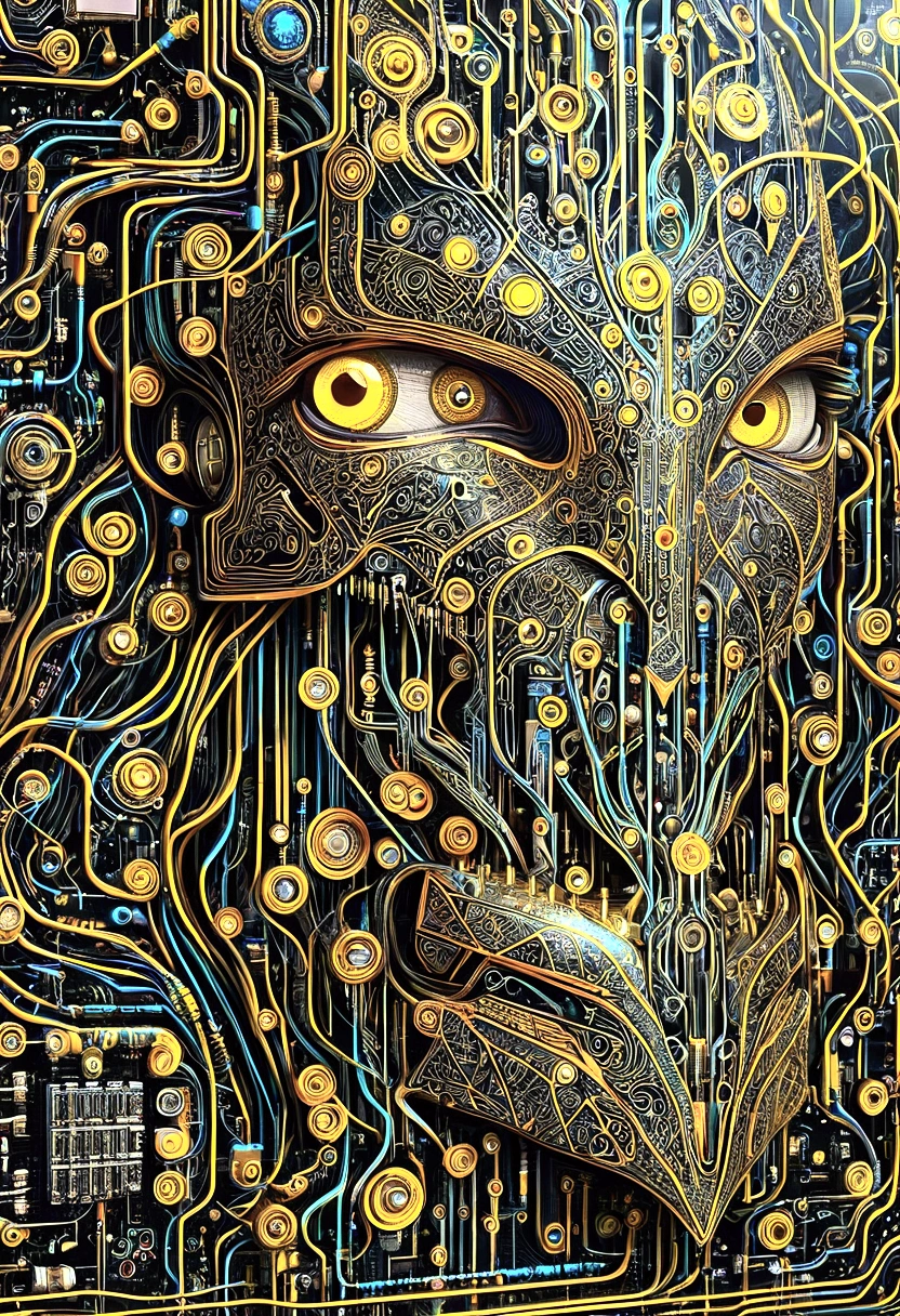 一幅      surrealism 的手绘数字插图展示了一个由无数彩色电线、A     surrealism hand-drawn digital illustration showing a humanoid figure intricately composed of circuit boards and mechanical parts。 The face is very similar to a human ，, but it is certainly true ， is wrapped around the head and neck Winding cables obscure the bright maze of 。 The vivid eyes look into the distance 、blue、 yellow and black wires In stark contrast ， to create a compelling visual effect where organic forms intertwine with machines。 enhance the futuristic yet unsettling atmosphere ， their soft light suggests the complex internal workings of this cybernetic organism 。The character's expression is neutral ， MicroLEDs and electronic components embedded everywhere ，A strange sense of contemplation amidst mechanical chaos。Soft background light，Highlighting the vibrant detail of wires and circuits， make the bright details of the wires and circuits stand out even more 。      surrealism ，Vibrant，Digital Painting， cyberpunk，mechanical，Texture，detail