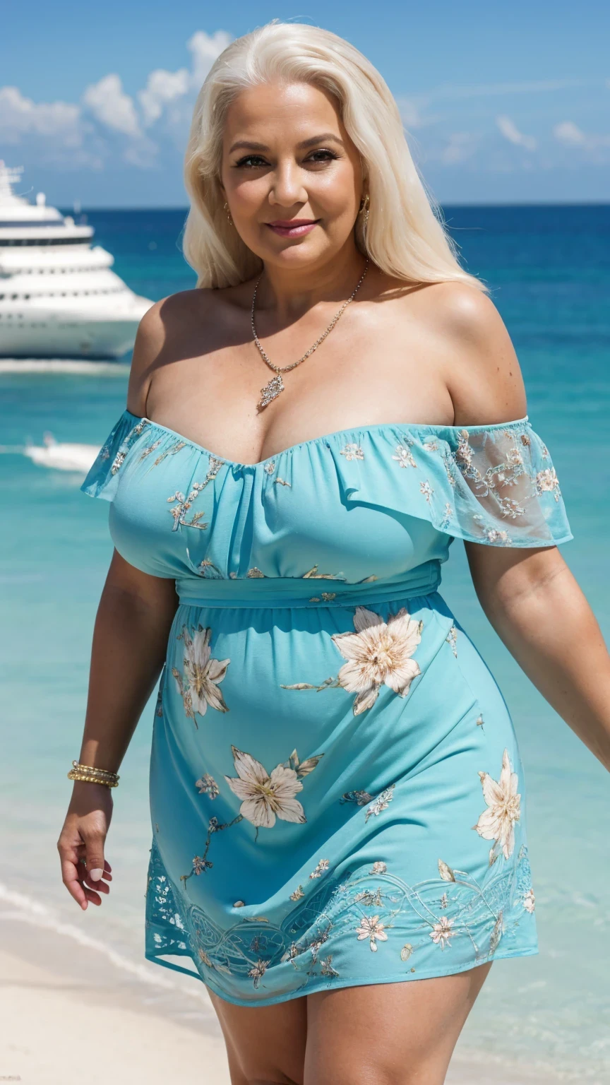 Fat woman, 40 years old white Caucasian woman, big hips, trick thighs, busty cleavage, walking in the beach, summer, day time, sundress, sunglasses, full body picture, MILF, long straight blonde hair, messy hair, serious, chubby, bbw, huge breasts, wet tits and chest