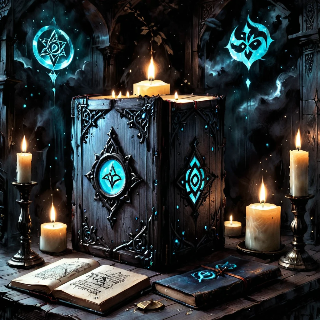 (best quality,4k,8k,highres,masterpiece:1.2),ultra-detailed,(realistic,photorealistic,photo-realistic:1.37),grimoire,ink drawing,fantasy,dark,occult,mystical,magical,esoteric,arcane,detailed textures,moody lighting,dramatic shadows,intricate patterns,gothic architecture,ornate decorations,leather-bound book,glowing runes,floating candles,ominous atmosphere,deep colors,dramatic contrast