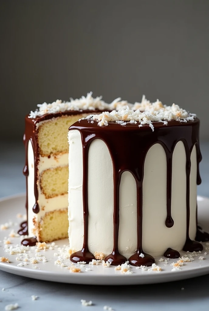 White cake with chocolate and coconut syrup